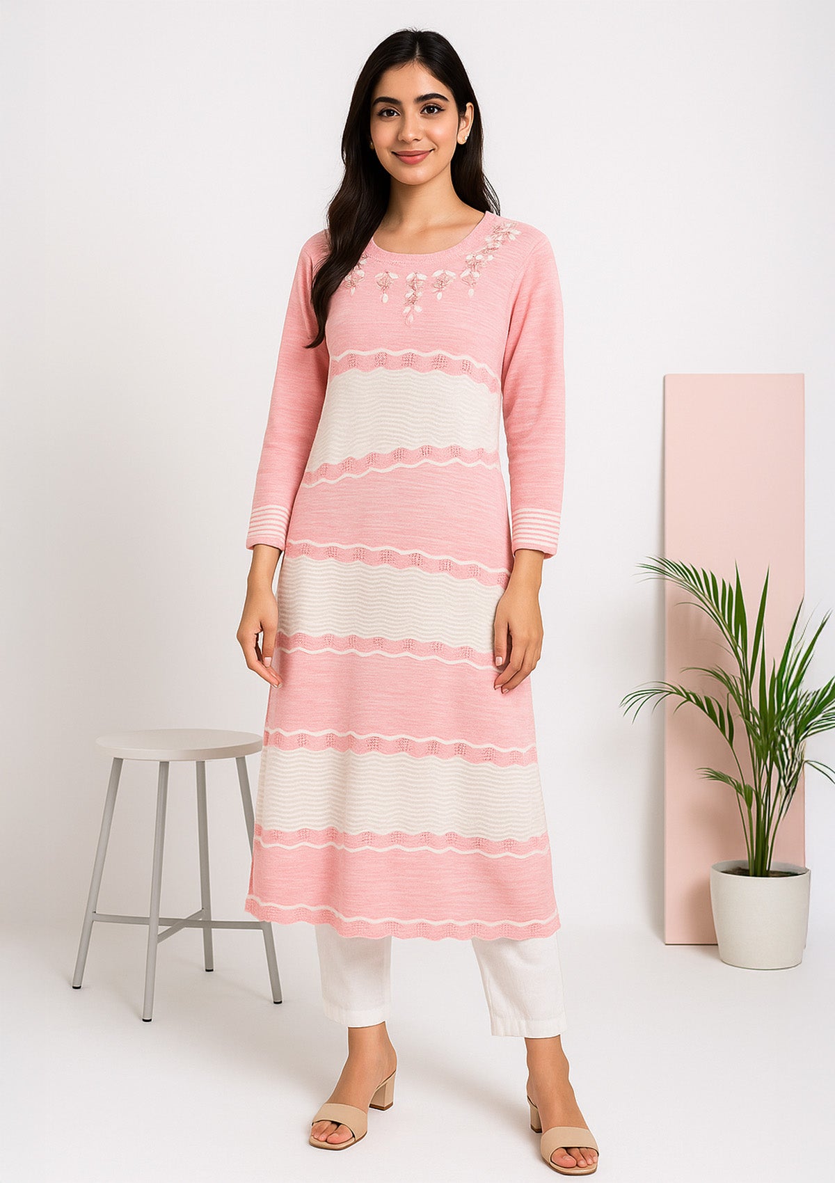 Pink & White Winter Knit Soft Kurti – Floral Appliqué Yoke