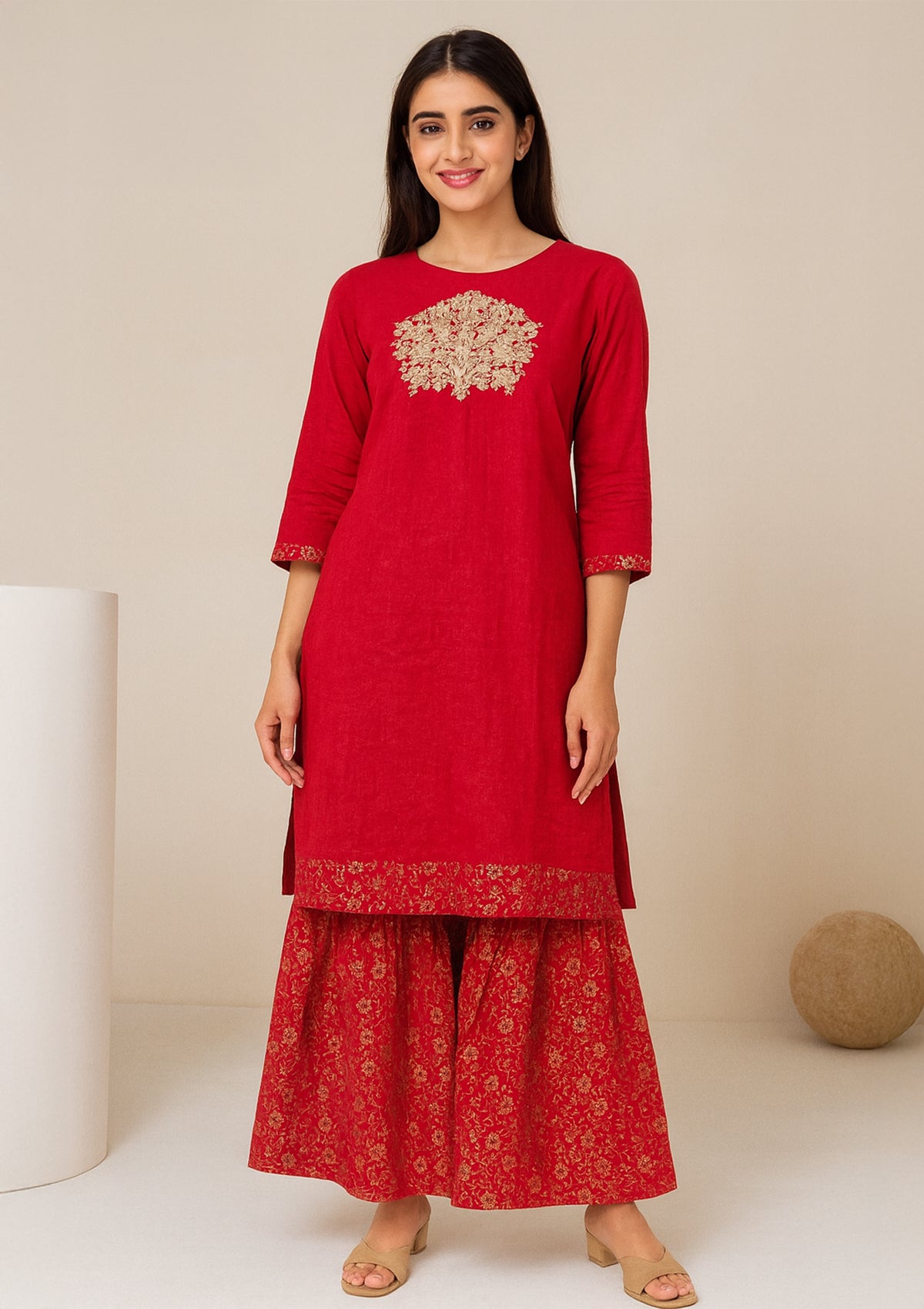Rayon Straight Kurta Set with Embroidered Neck Detailing & Palazzo