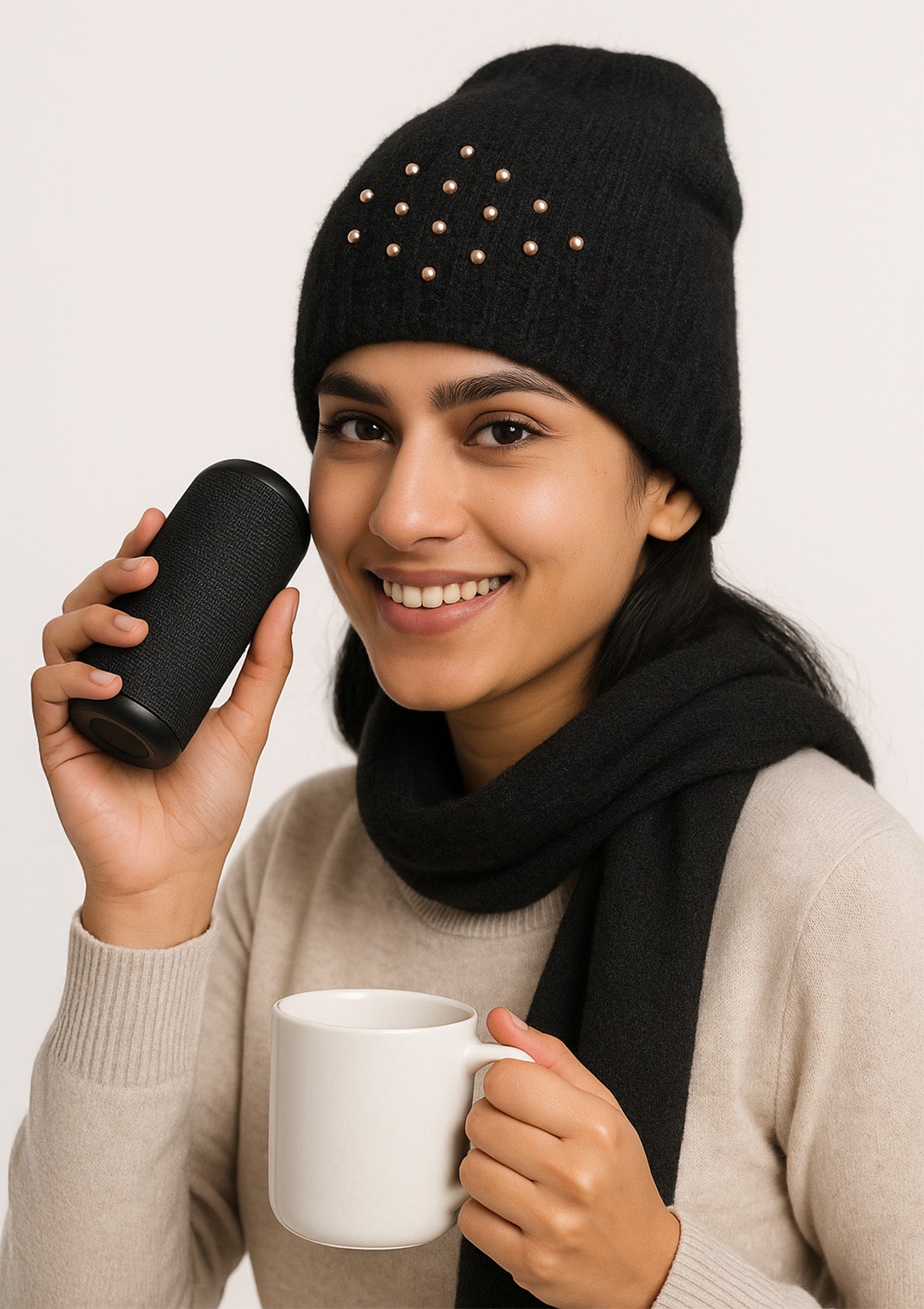 Premium Black Woolen Fur Winter Cap – Soft Plush Beanie