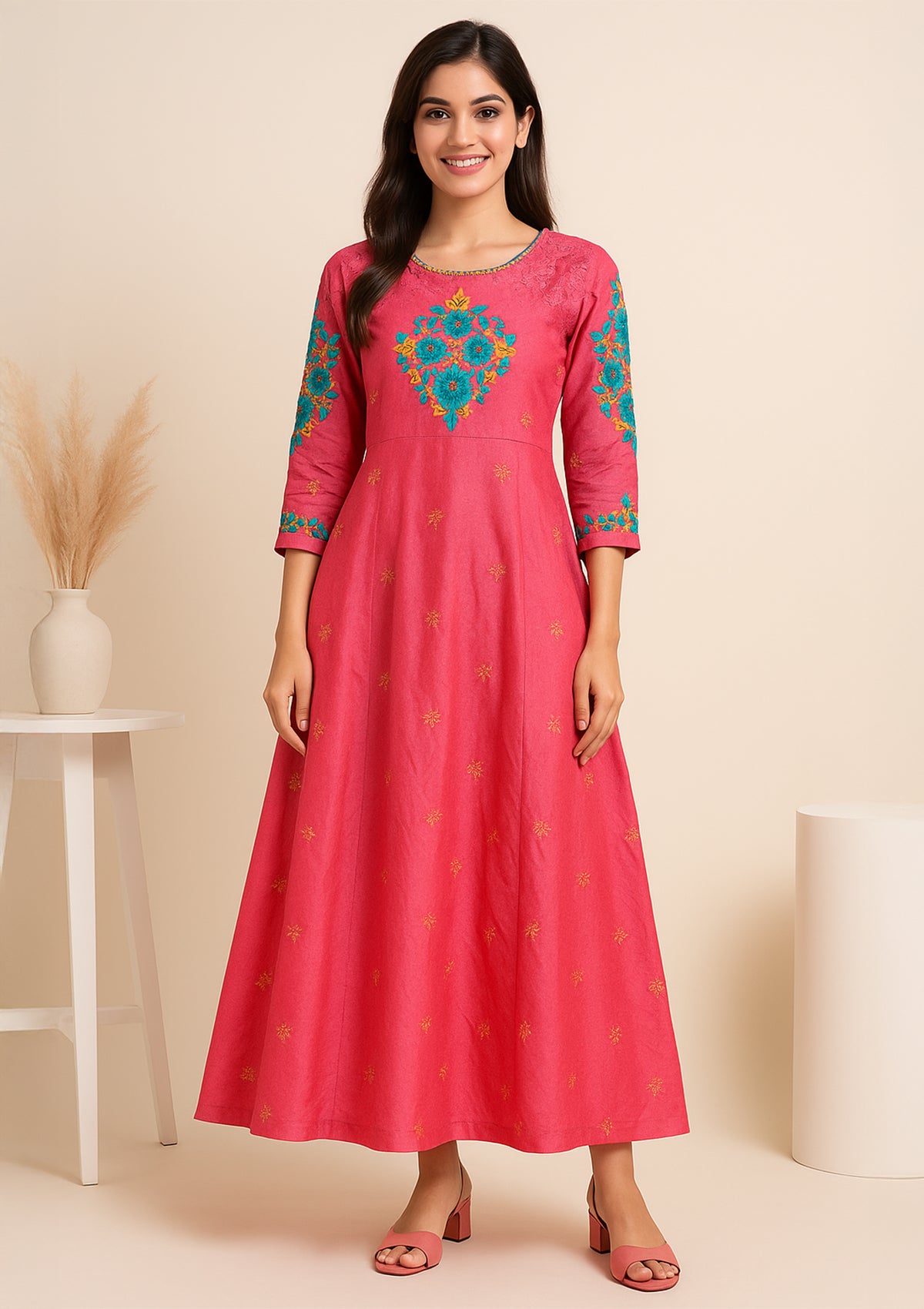 Pink Chanderi Embroidered Long Gown – Elegant Party & Ethnic Wear