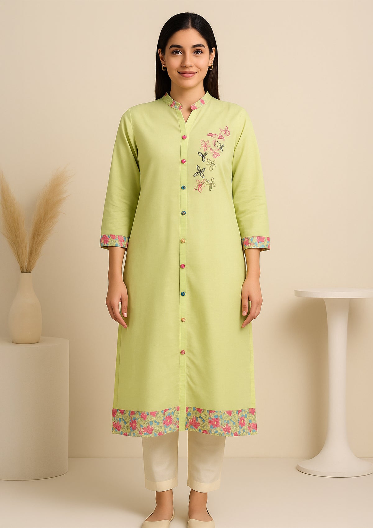 Light Green Cotton Kurti with Butterfly Motifs