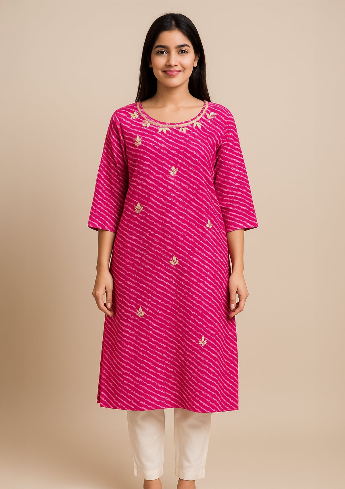 Pink Cotton Kurti with Minimal Gota Patti Neck Detailing