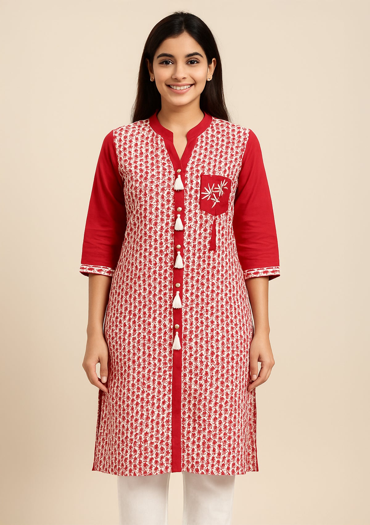 Red & White Printed Cotton Kurti with Tassel Detailing – Modern Ethnic