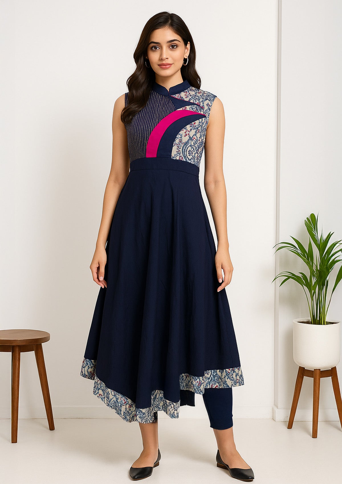 Women’s Navy Blue & Floral Rayon A-Line Kurti – Designer Yoke