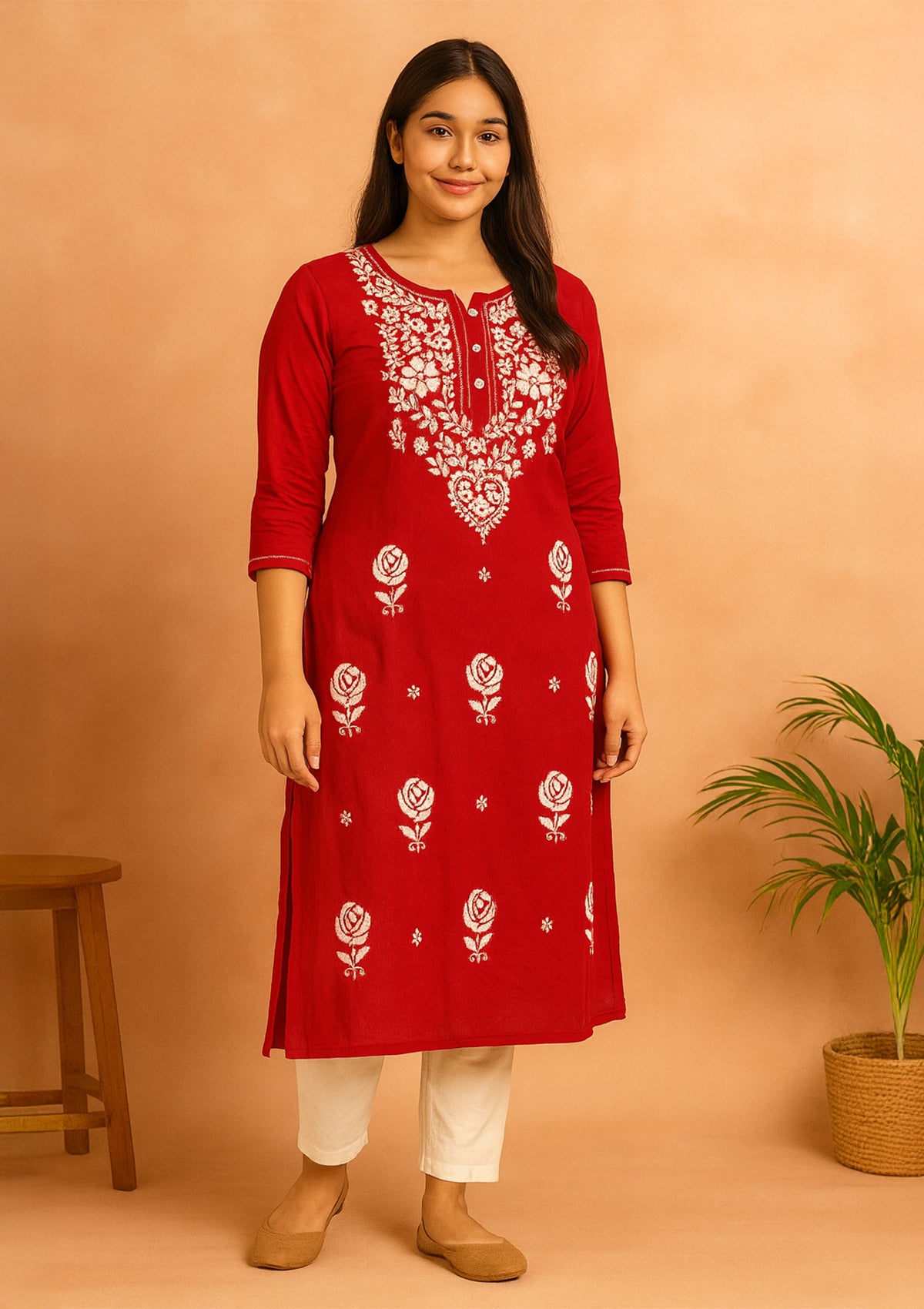 ClothingSutra Chikankari Embroidered Women’s Kurti – Red (Rayon) 44