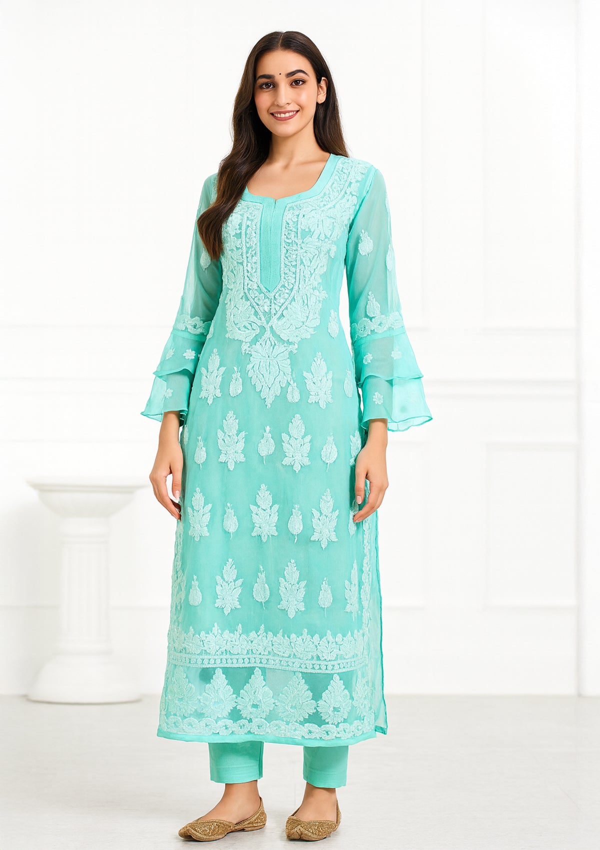 Aqua Blue Georgette Kurti with Intricate Chikankari Embroidery