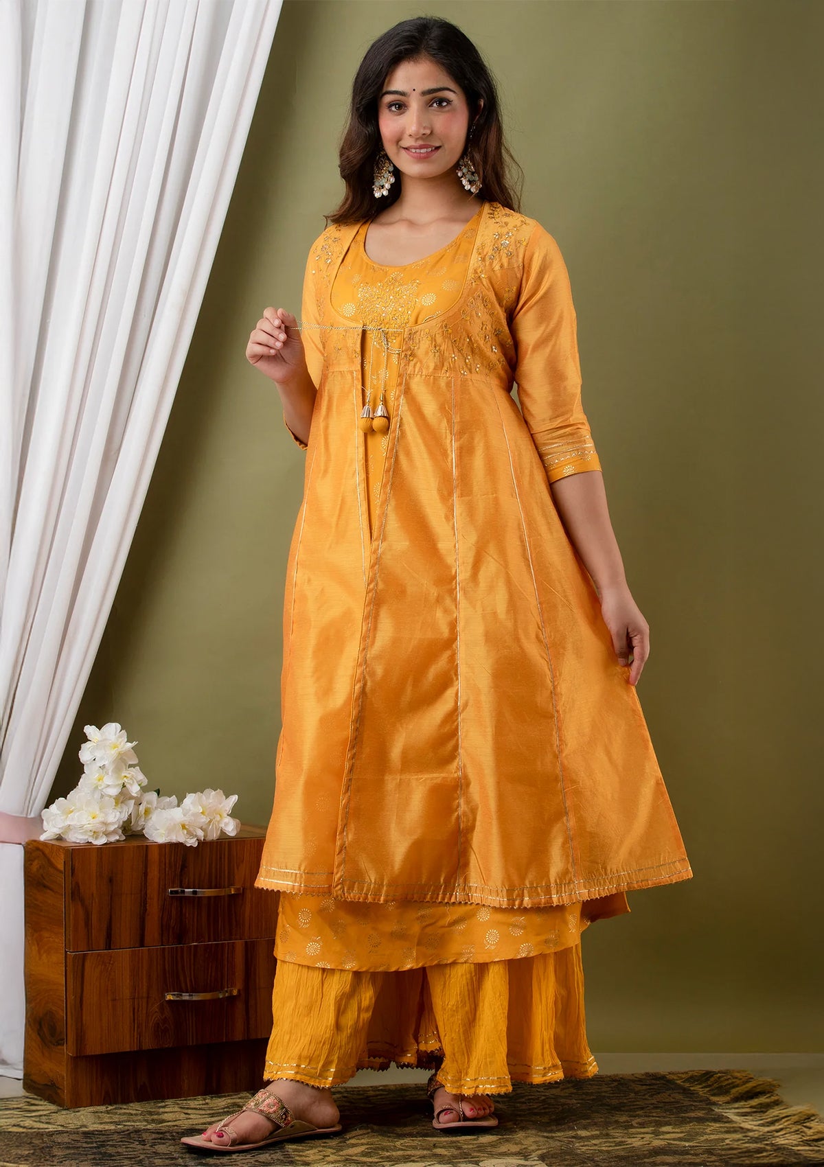 Bright Mustard Yellow Chanderi Silk 3 Piece Suit Set with Embroidered Kurta