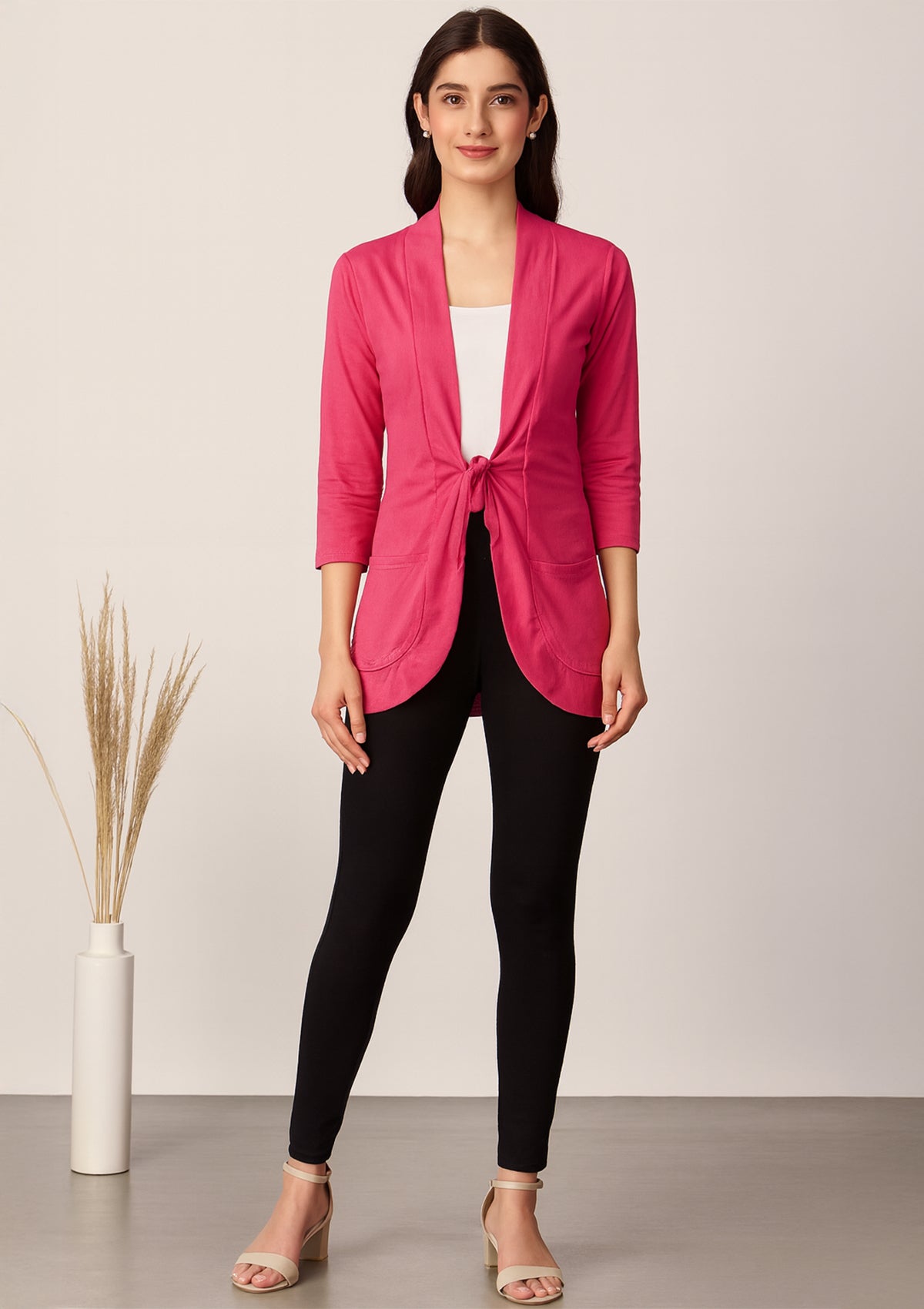 ClothingSutra Trendy Pink Front-Tie Women’s Shrug – Solid Shrug with Pockets Pink