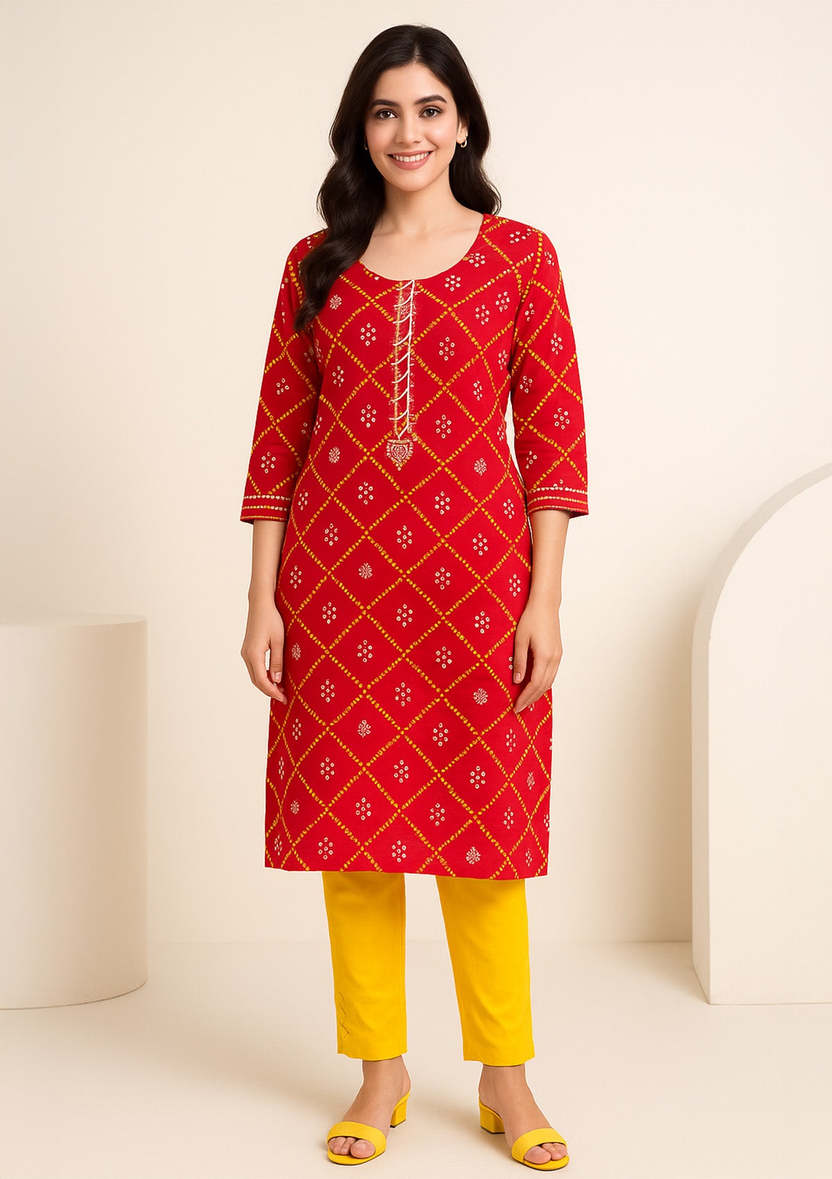 Red Bandhani Cotton Kurti with Elegant White and Yellow Dot Pattern