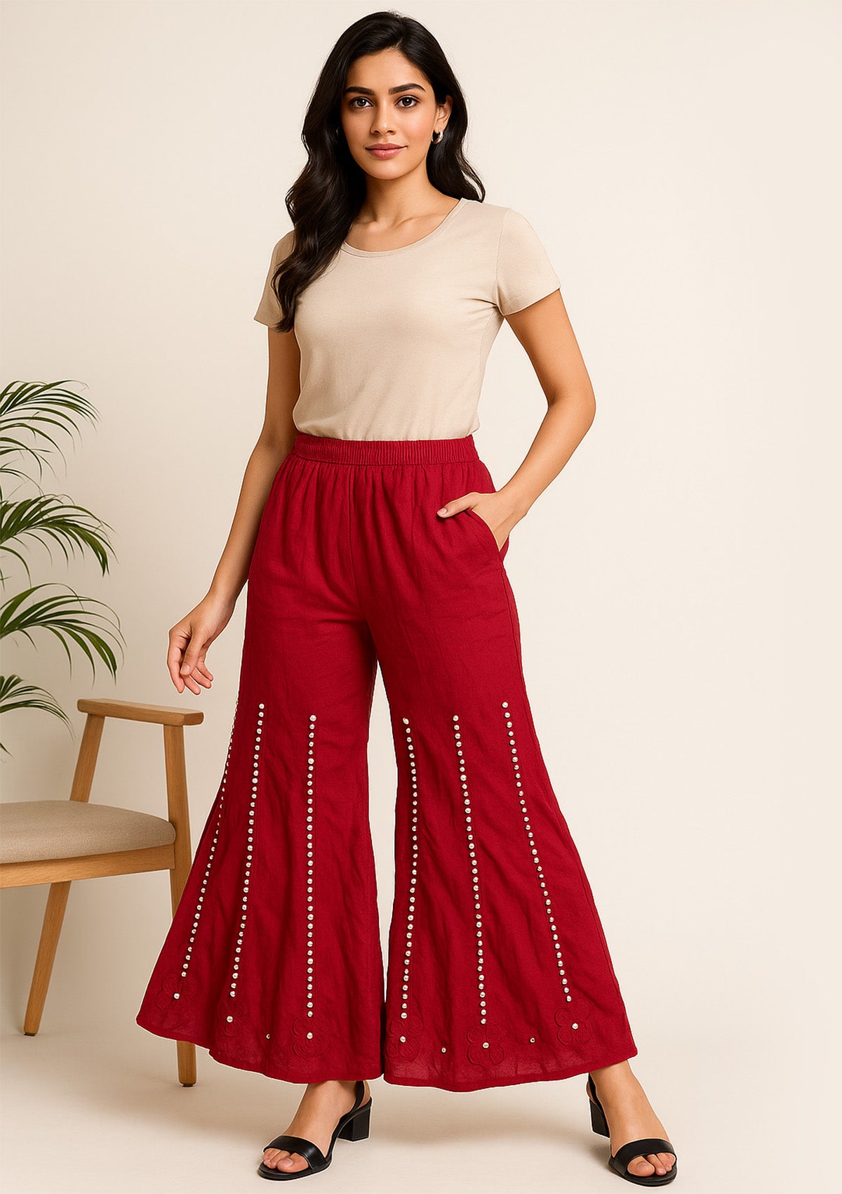 Maroon Rayon Sharara – Mirror Work Flared Designer Pants