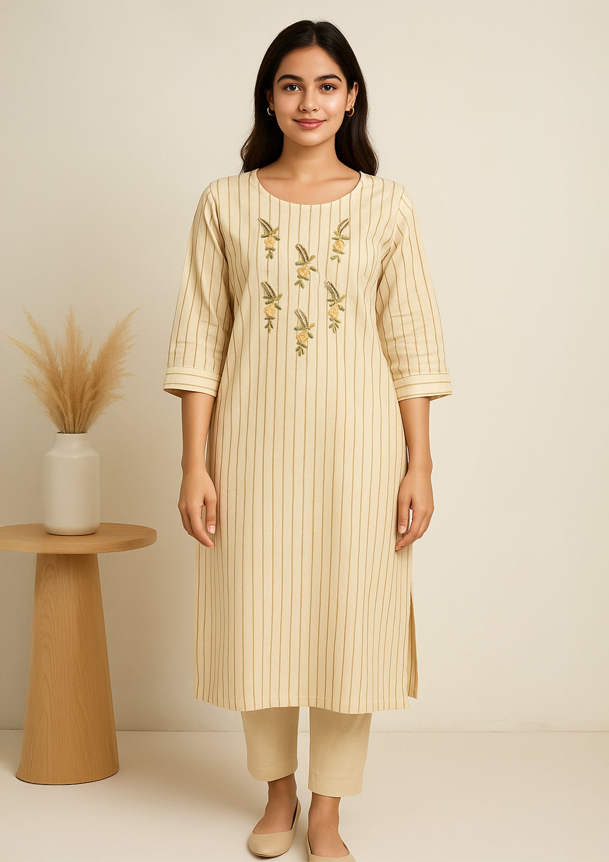 Beige Striped Cotton Kurti with Subtle Floral Embroidery – Everyday