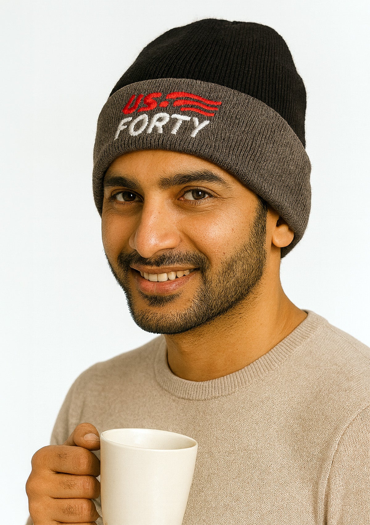 Men’s Black and Grey Knit Beanie – US FORTY Embroidery