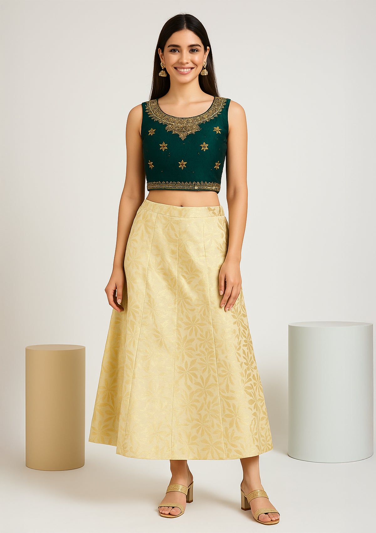 Designer Green Tafeta Silk Embroidered Top with Golden Skirt