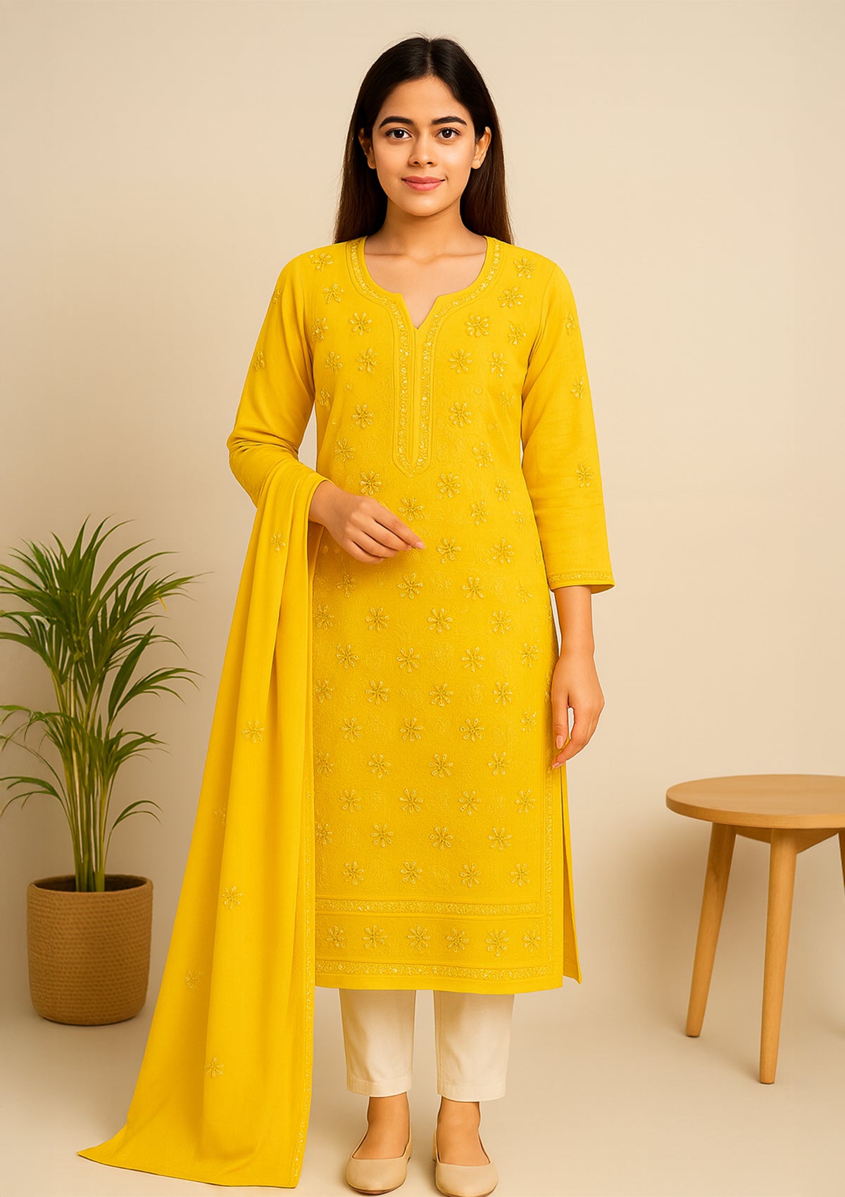 Georgette Chikankari Kurti with Dupatta – Yellow (Gottapatti Embroidery)