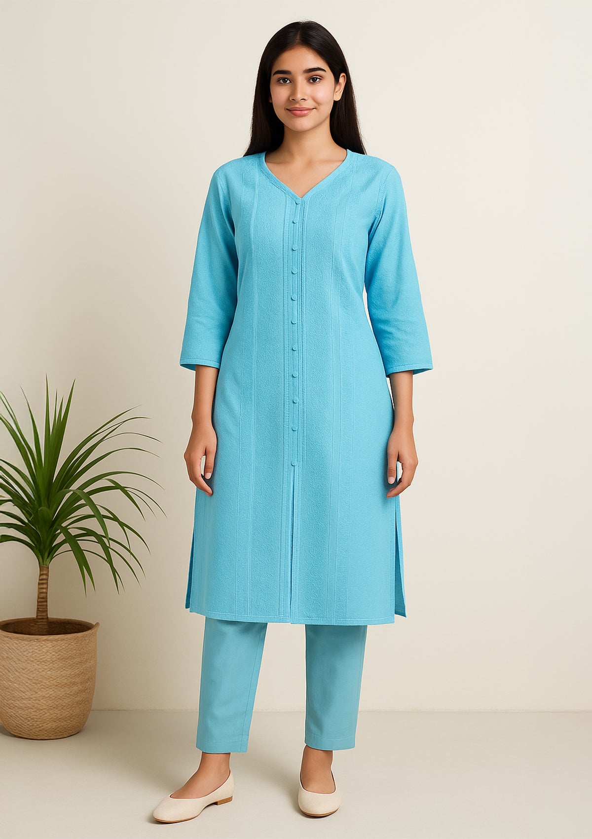 Chikankari Solid Women’s Kurta – Sky Blue (Rayon)