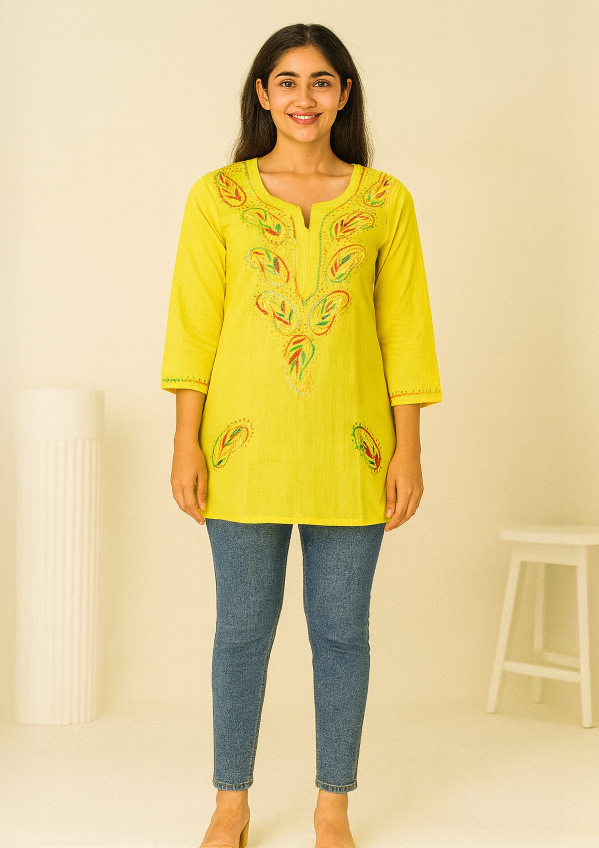 ClothingSutra Sunny Yellow Embroidered Cotton Kurti – Short Length