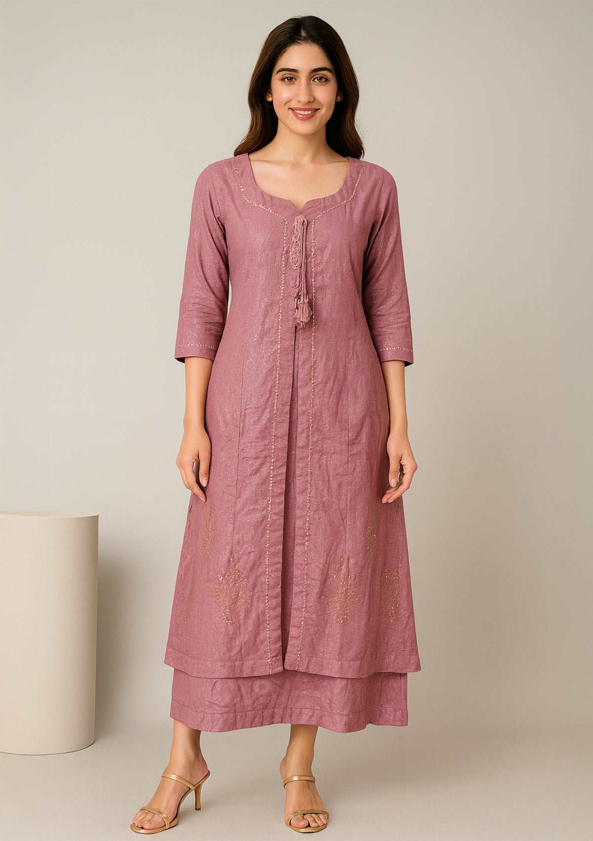 Dusty Rose Cotton Straight Kurti with Subtle Embroidery & Tassel Detailing