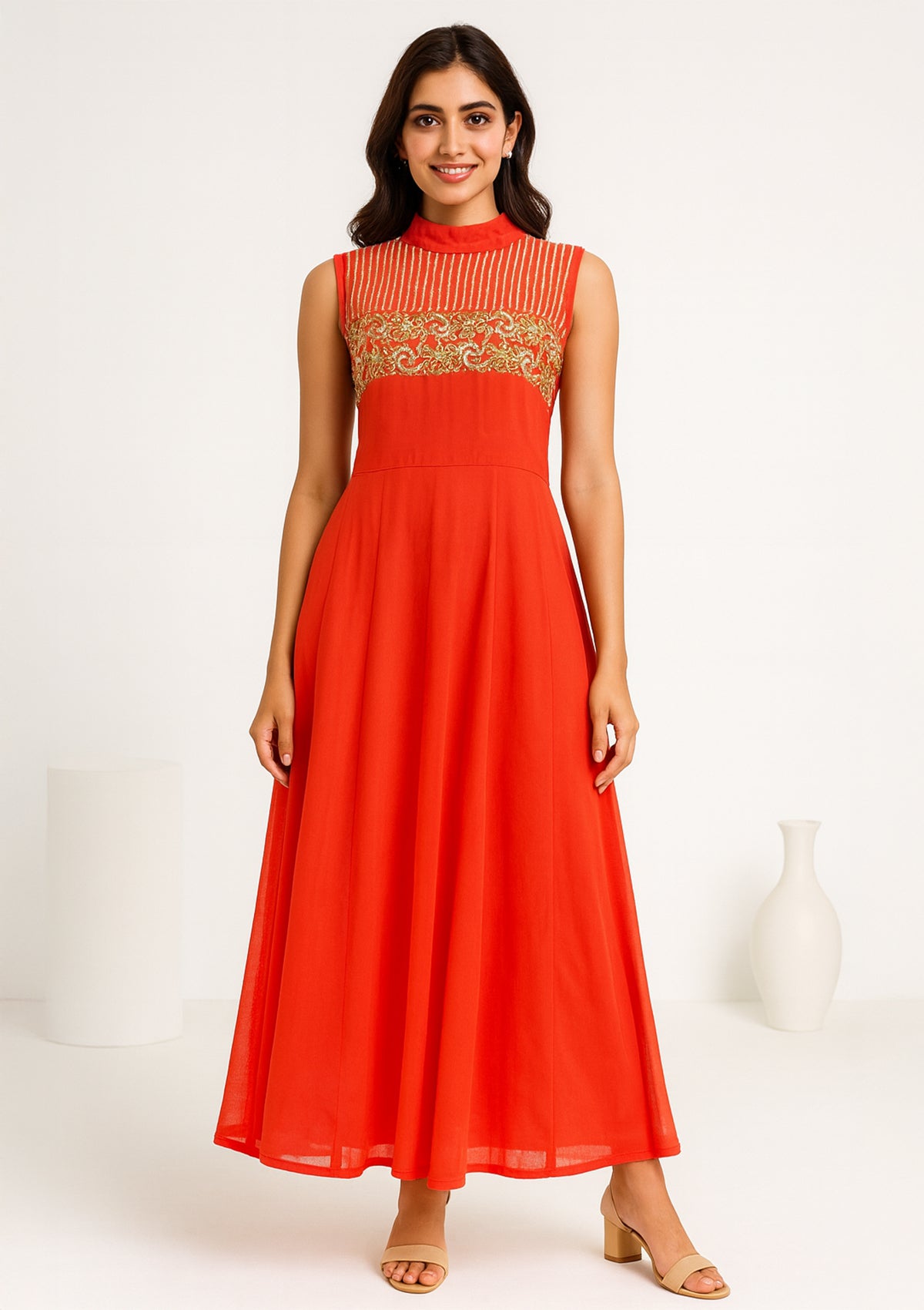 Elegant Orange Georgette Gown with Embroidered Yoke & High Neck