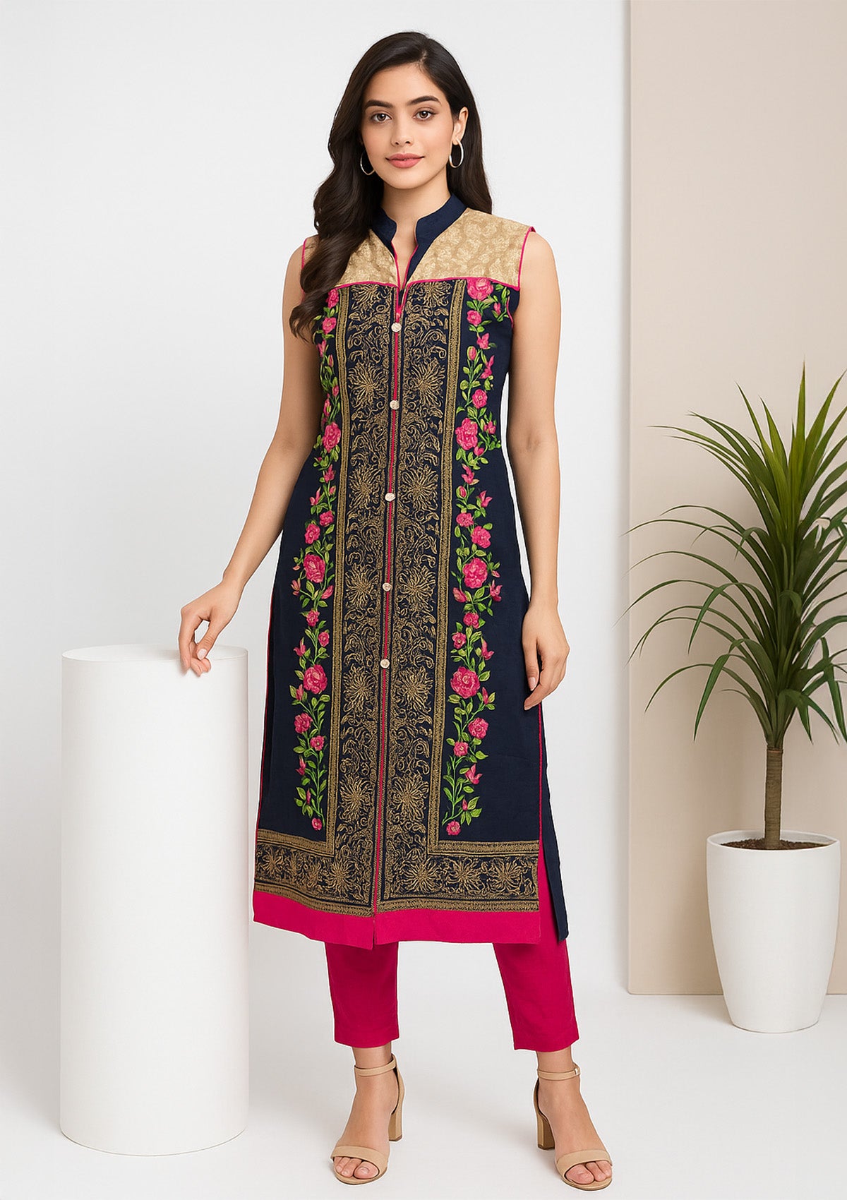 Women's Straight Kurti – Navy Blue & Cream with Rich Floral Embroidery
