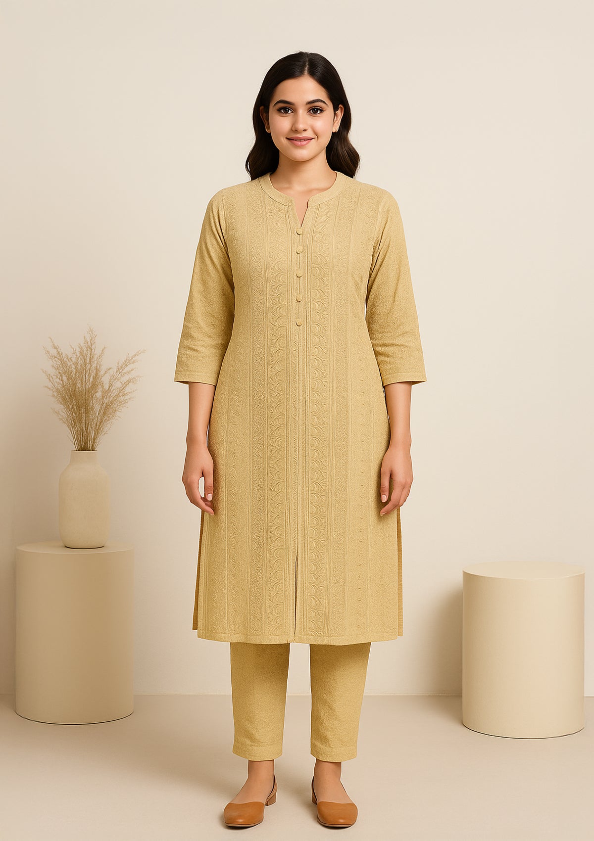 Golden Rayon Embroidered Kurta Set – Elegant Festive Wear