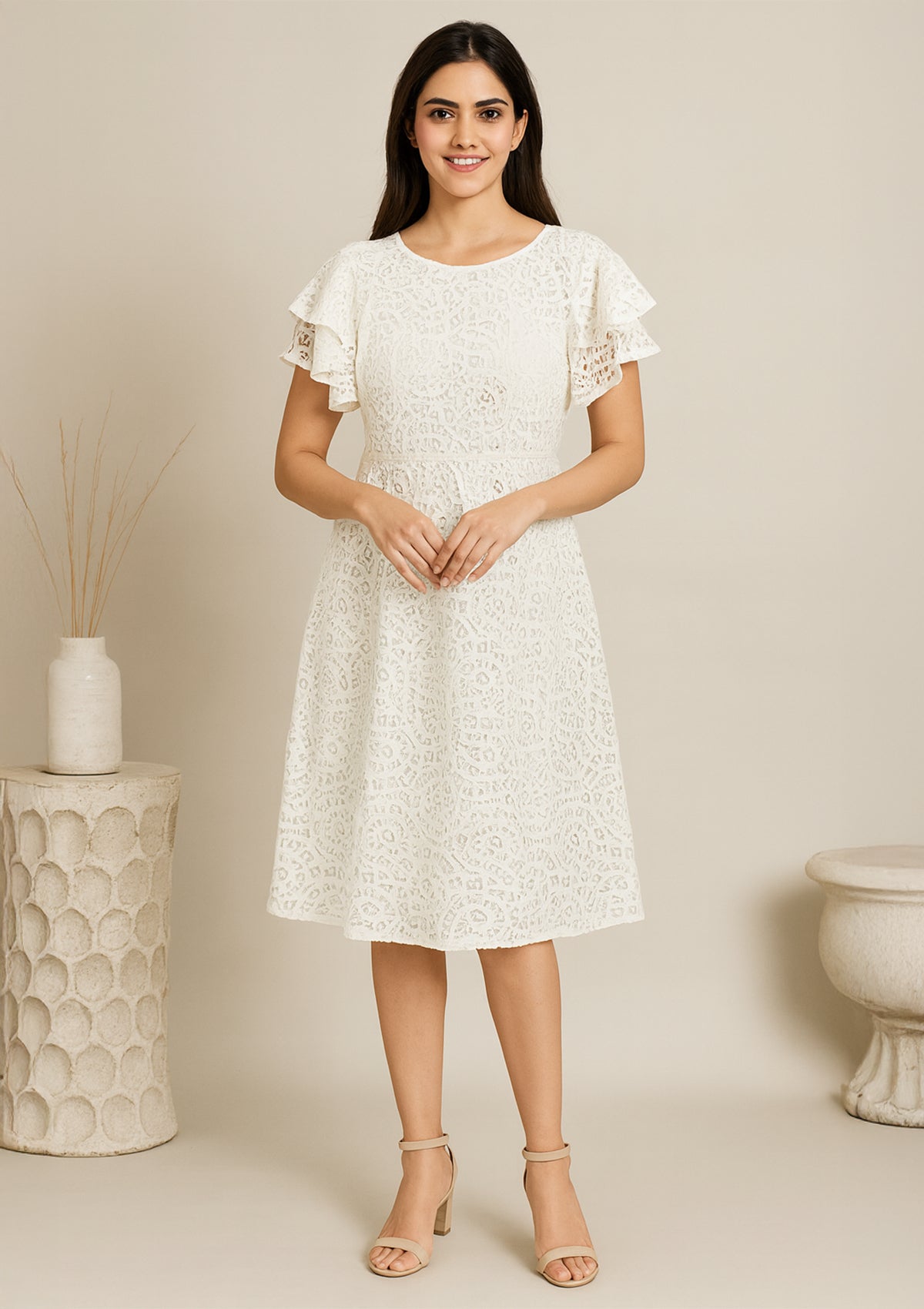 White Lace Midi Dress for Women – Premium Western Wear