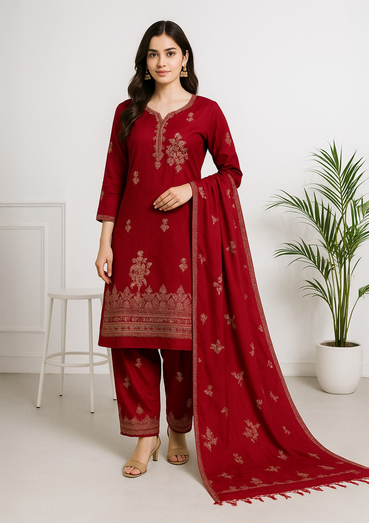 Unstitched Winter Suit Set with Stole – Maroon Embroidered Suit