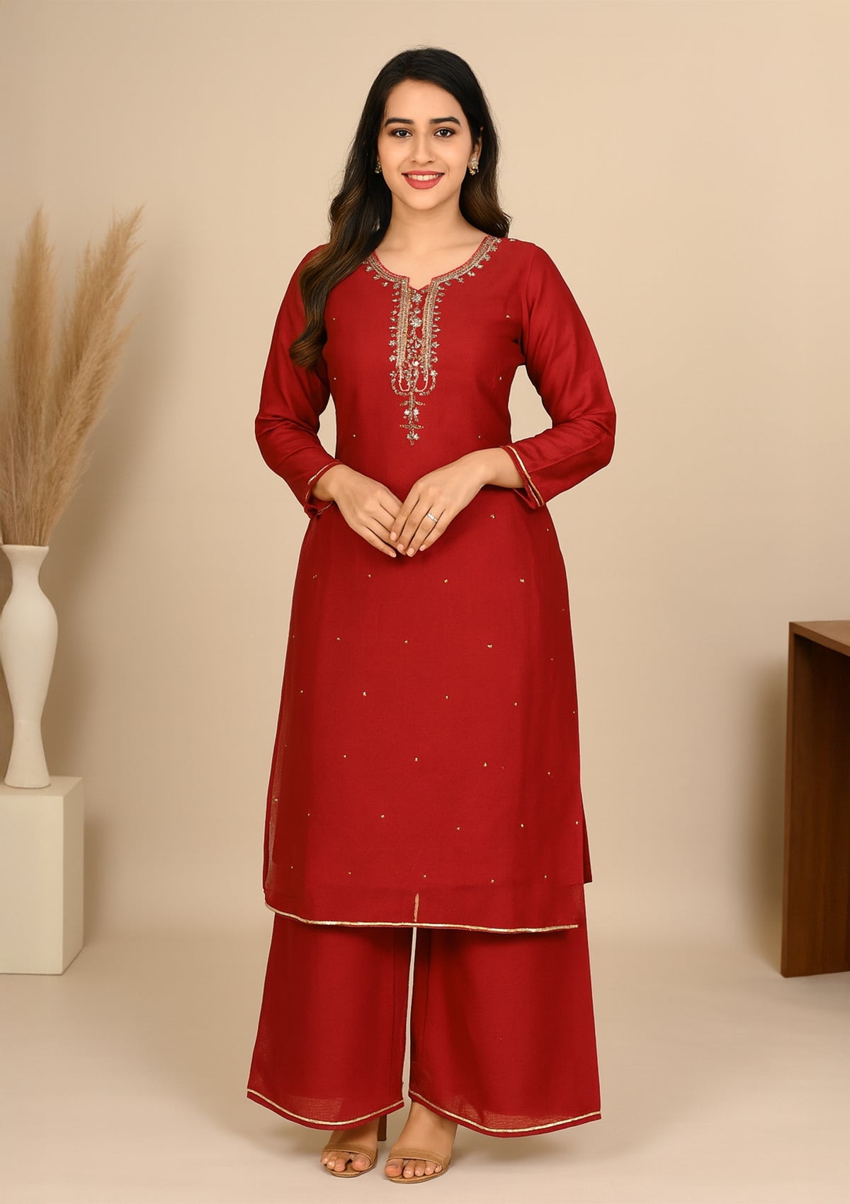 Elegant Red Georgette Suit with Embroidered Neckline & Palazzo