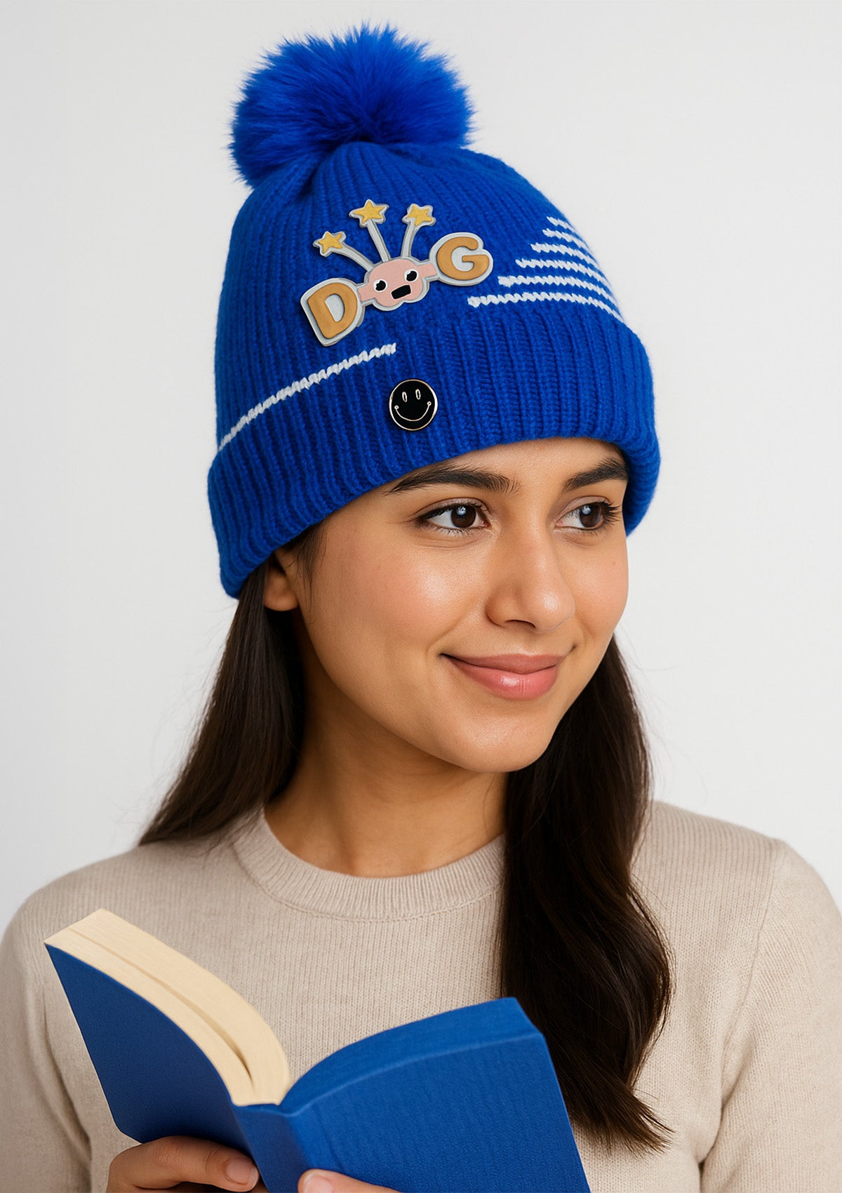 Very Soft Blue Knitted Winter Cap – Cute Dog Patch & Smiley Badge