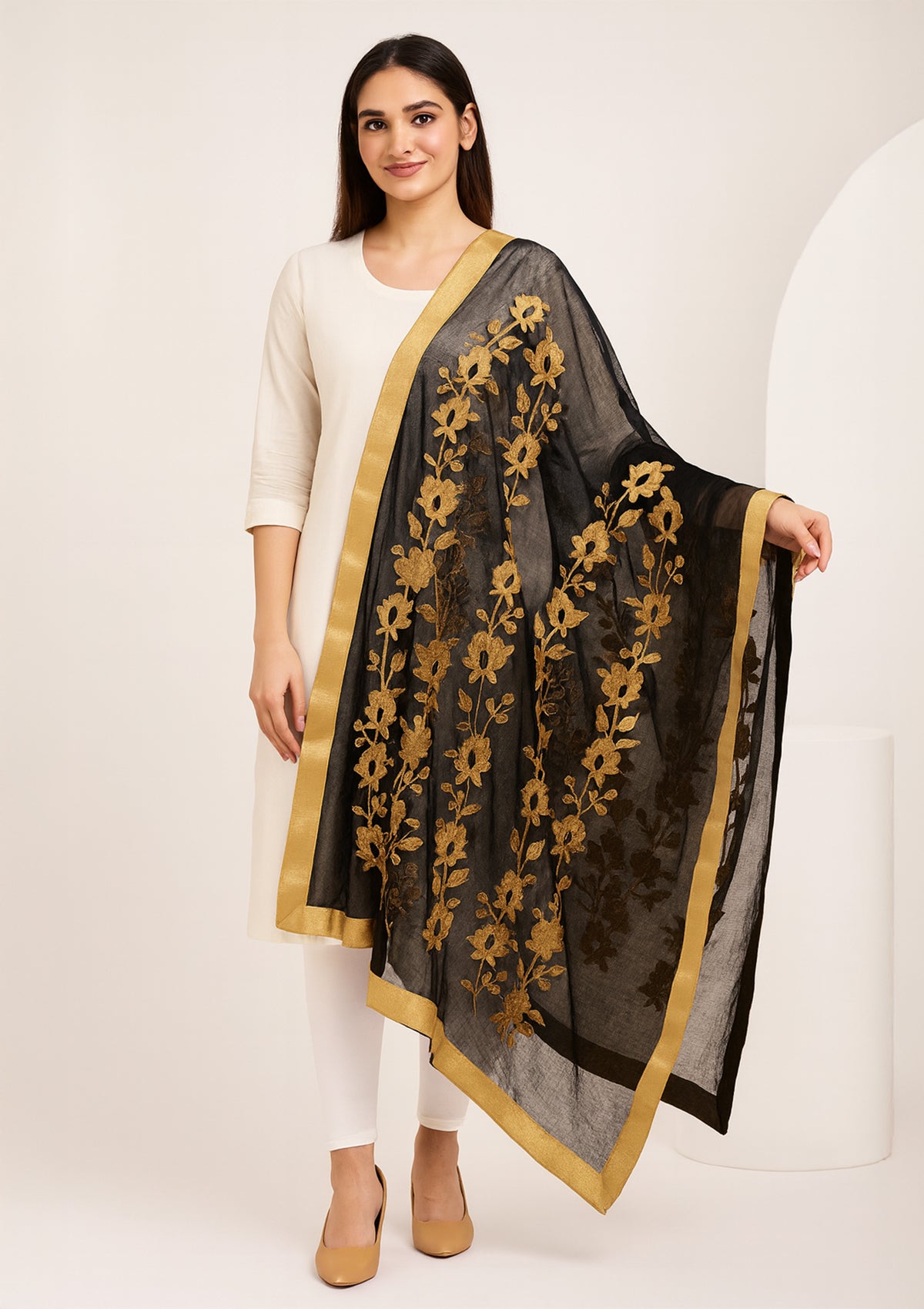 Black Net Dupatta with Golden Floral Embroidery and Border – Party Wear