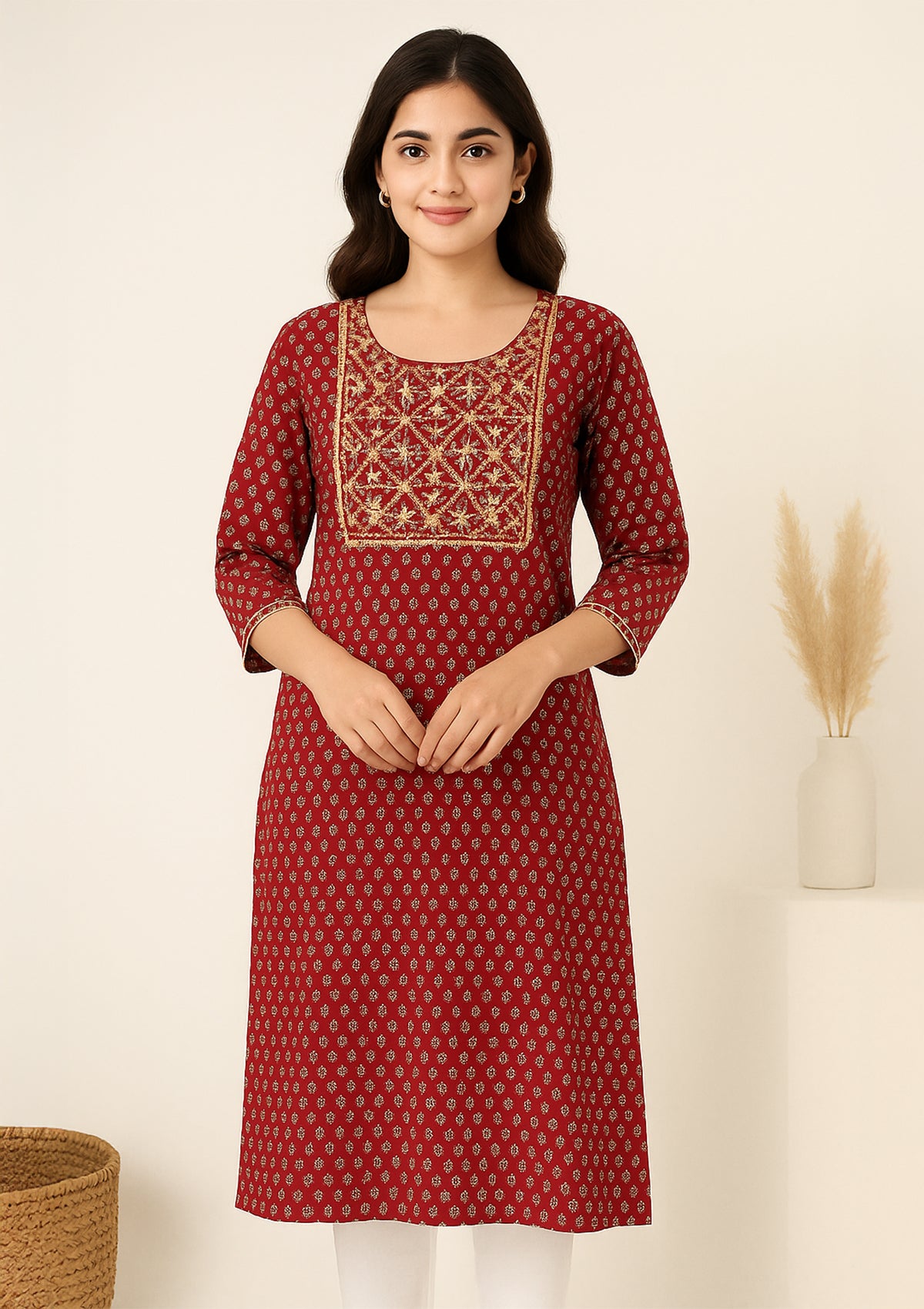 Maroon Printed Cotton Kurti with Golden Embroidery