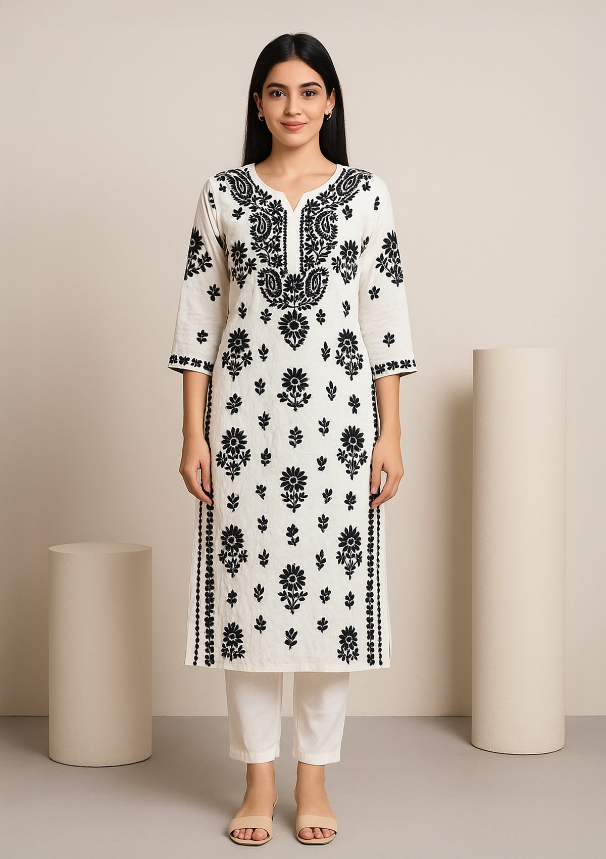 Chikankari Solid Women’s Long Kurta – White with Black Embroidery