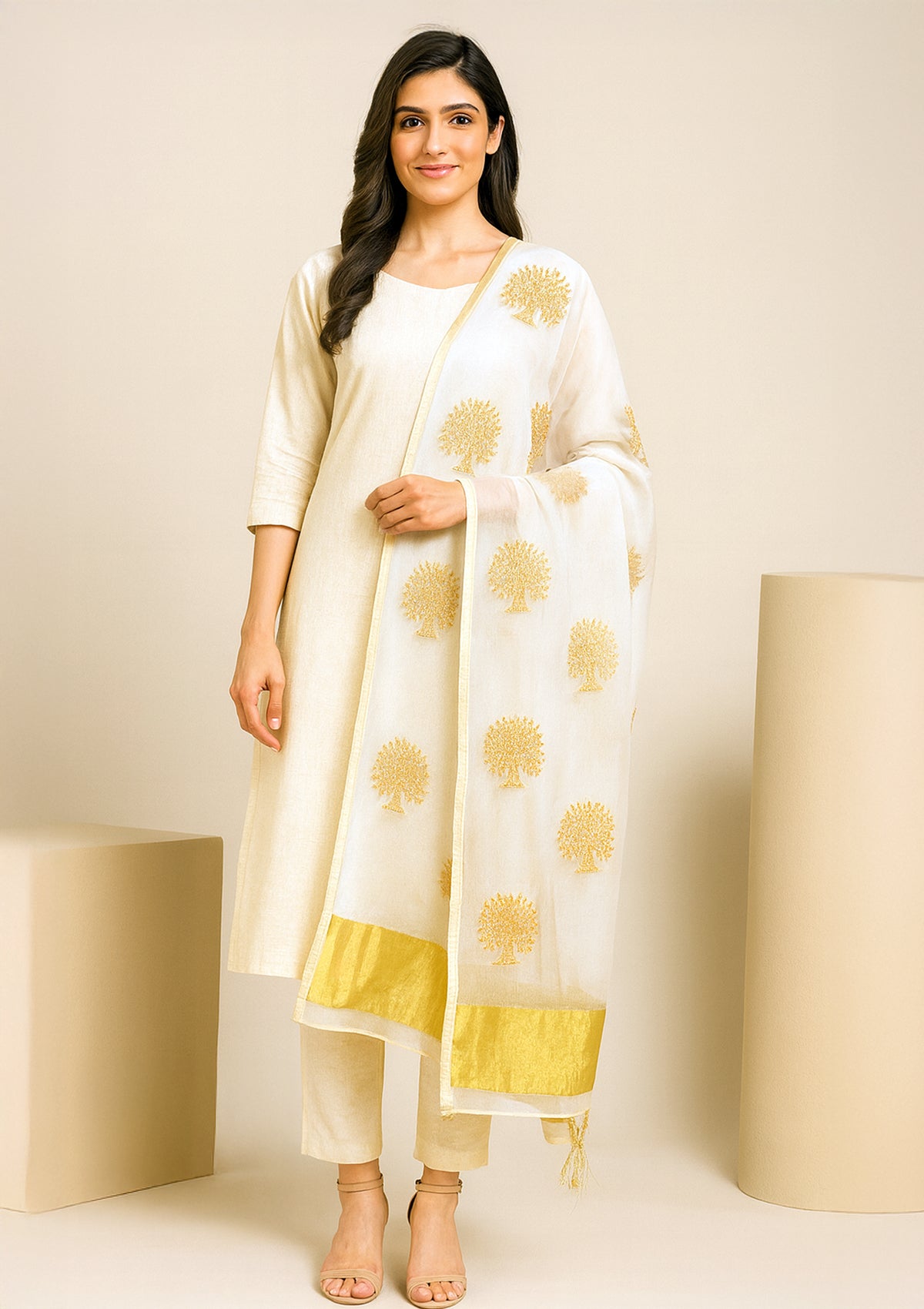 Elegant Cream Banarasi Dupatta with Golden Tree Motifs & Zari Border