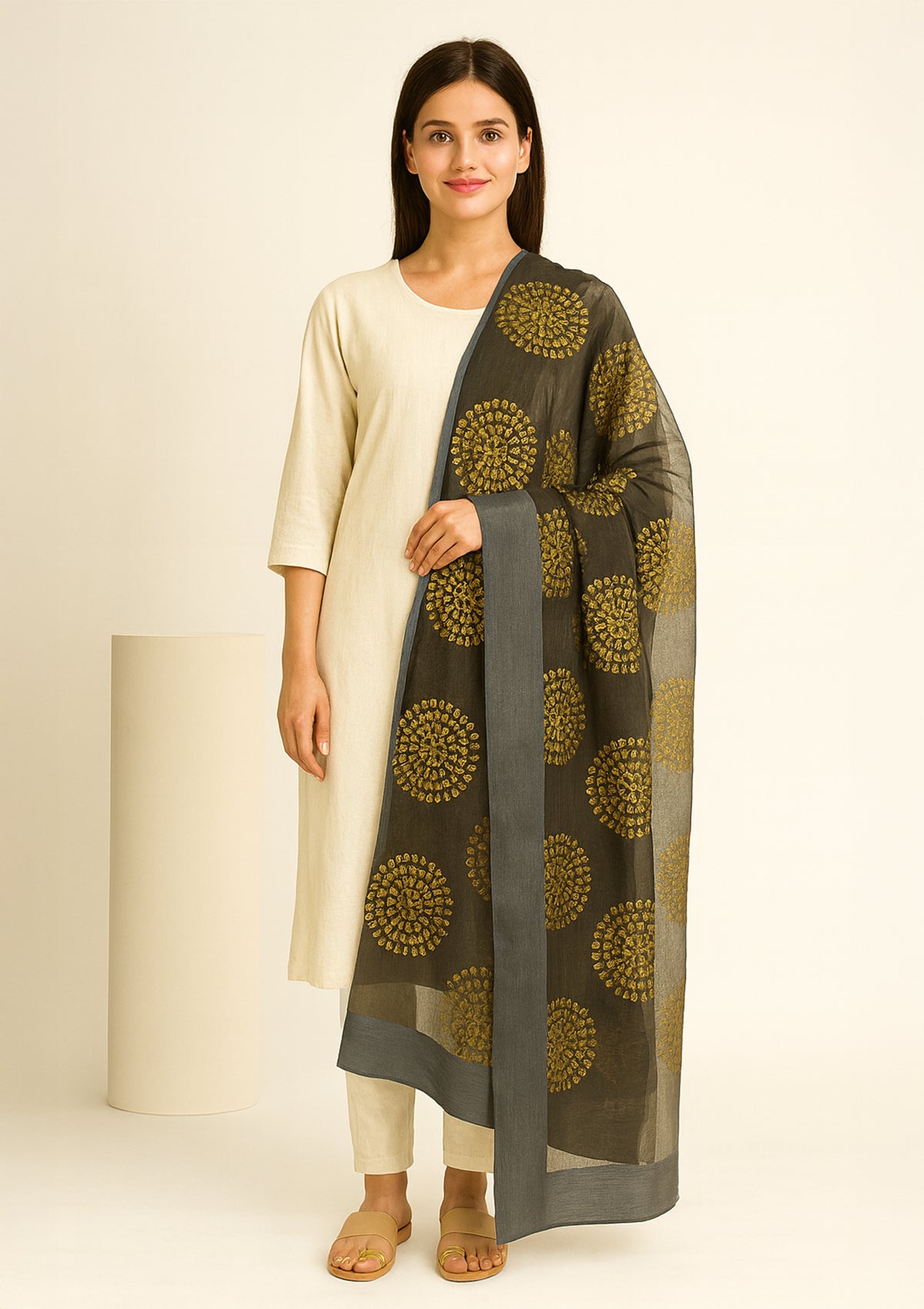 Elegant Black Banarasi Dupatta with Golden Circular Zari Work