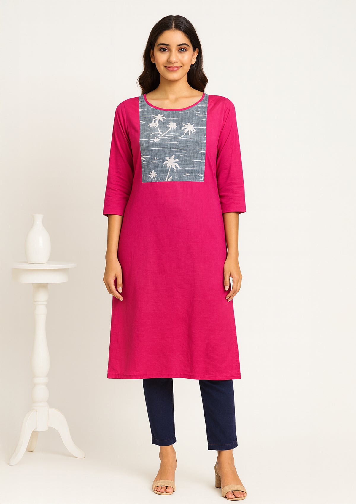 Vibrant Pink Rayon Printed Kurti with Contrast Panel Design