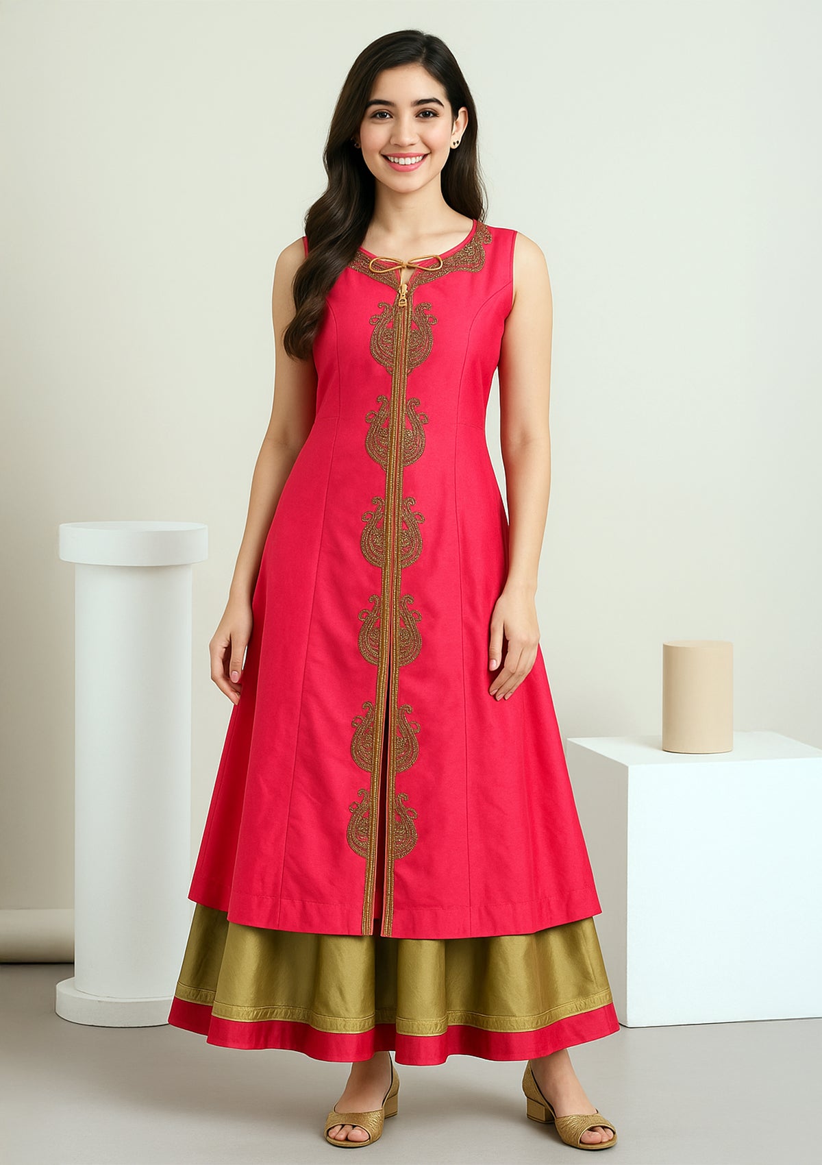 Premium Tafta Silk Kurti Gown with Sequin Embroidery & Golden Contrast