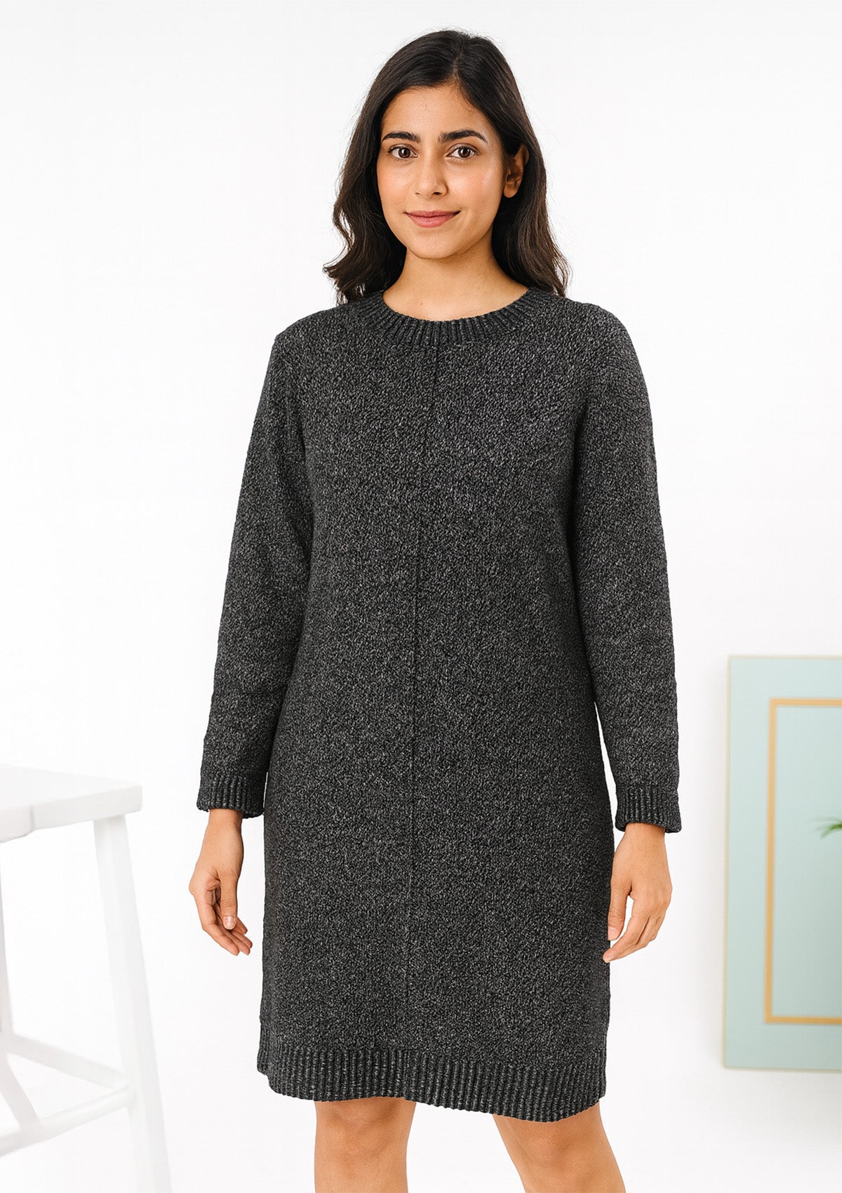 One Piece Woolen Midi Dress – Charcoal Melange Cozy Winter Knit