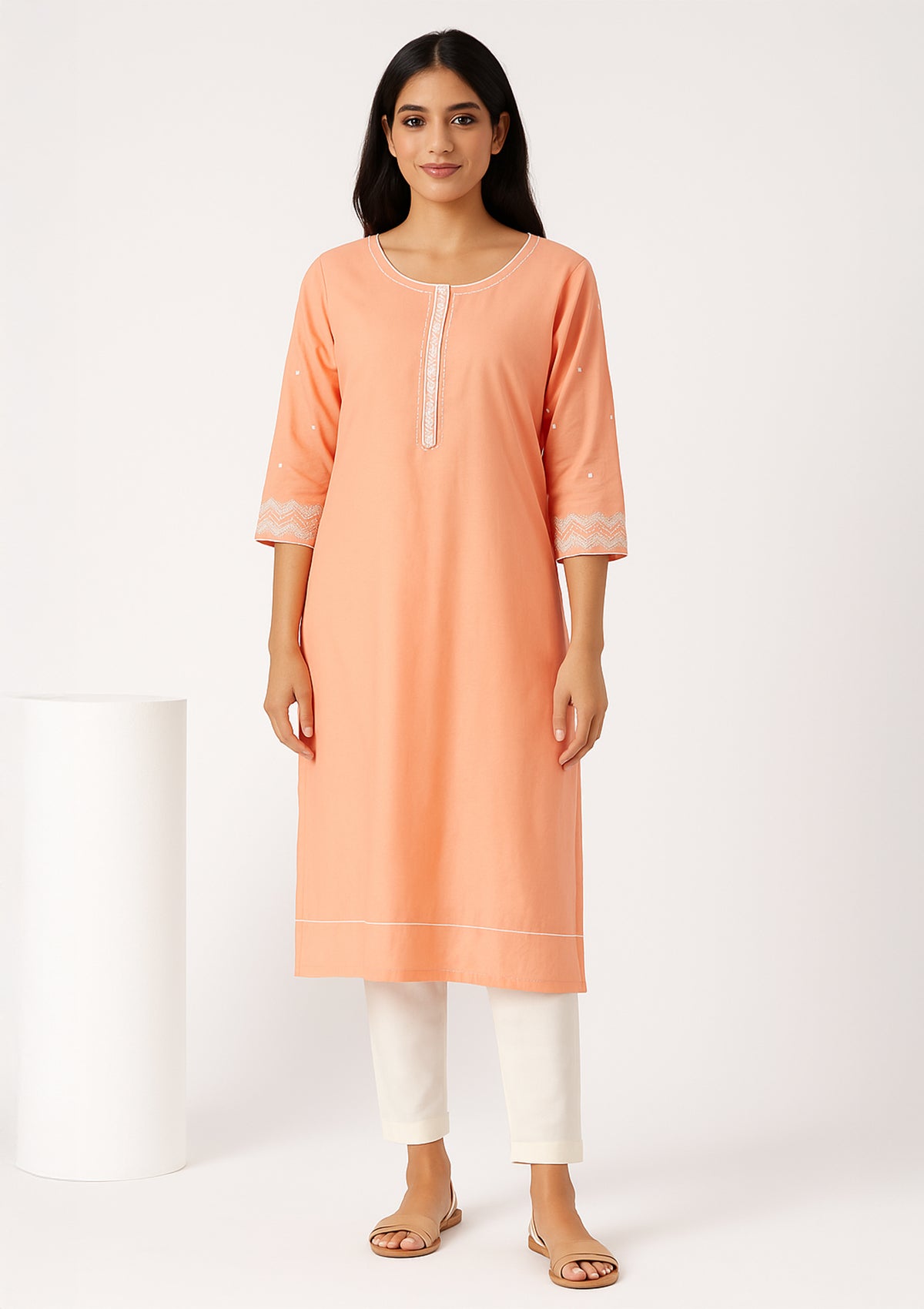 Peach Rayon Kurti with Golden Sequin Work on Neckline & Sleeves