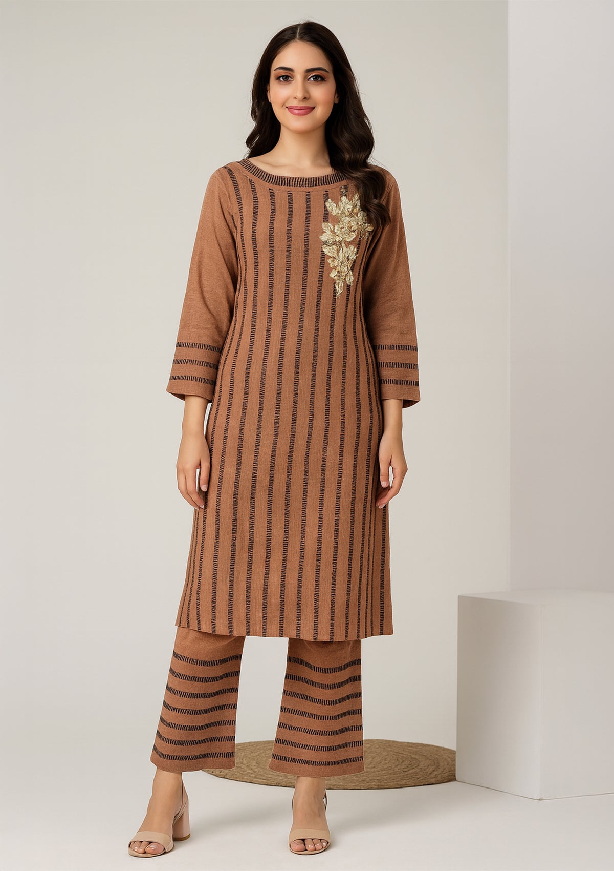 Premium Woollen Striped Plaazo Suit - Brown Winter Kurti Set