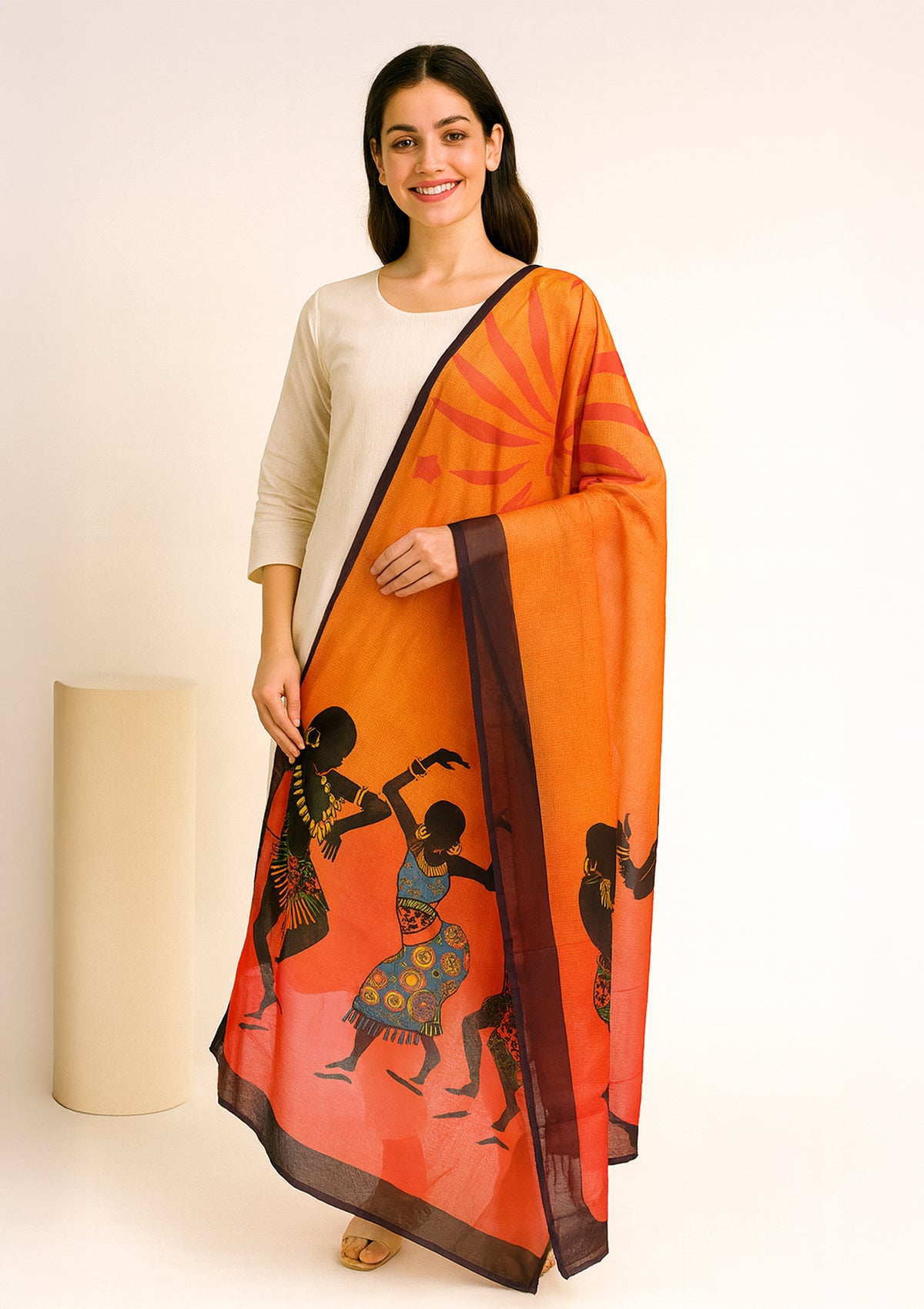 Orange Silk Dupatta with Tribal Dance Print and Sun Motif