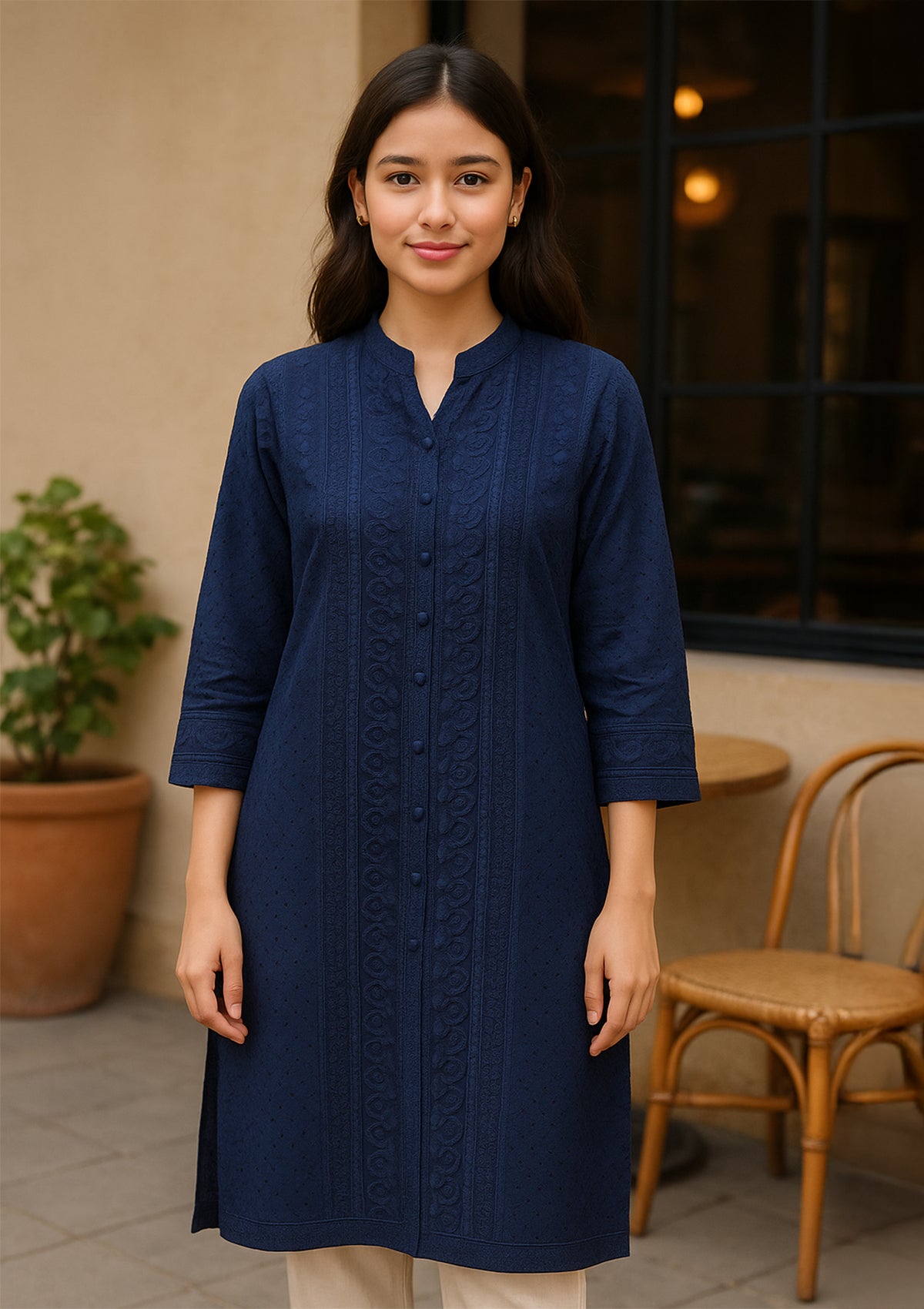 Chikankari Solid Women’s Kurta Set – Dark Navy Blue (Rayon)
