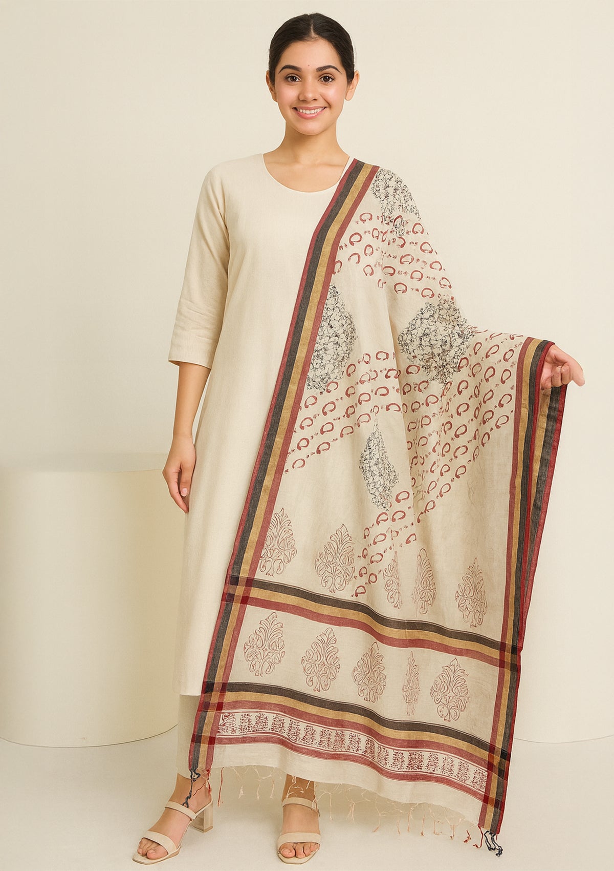 Cotton Printed Dupatta in Ivory White with Traditional Block Print