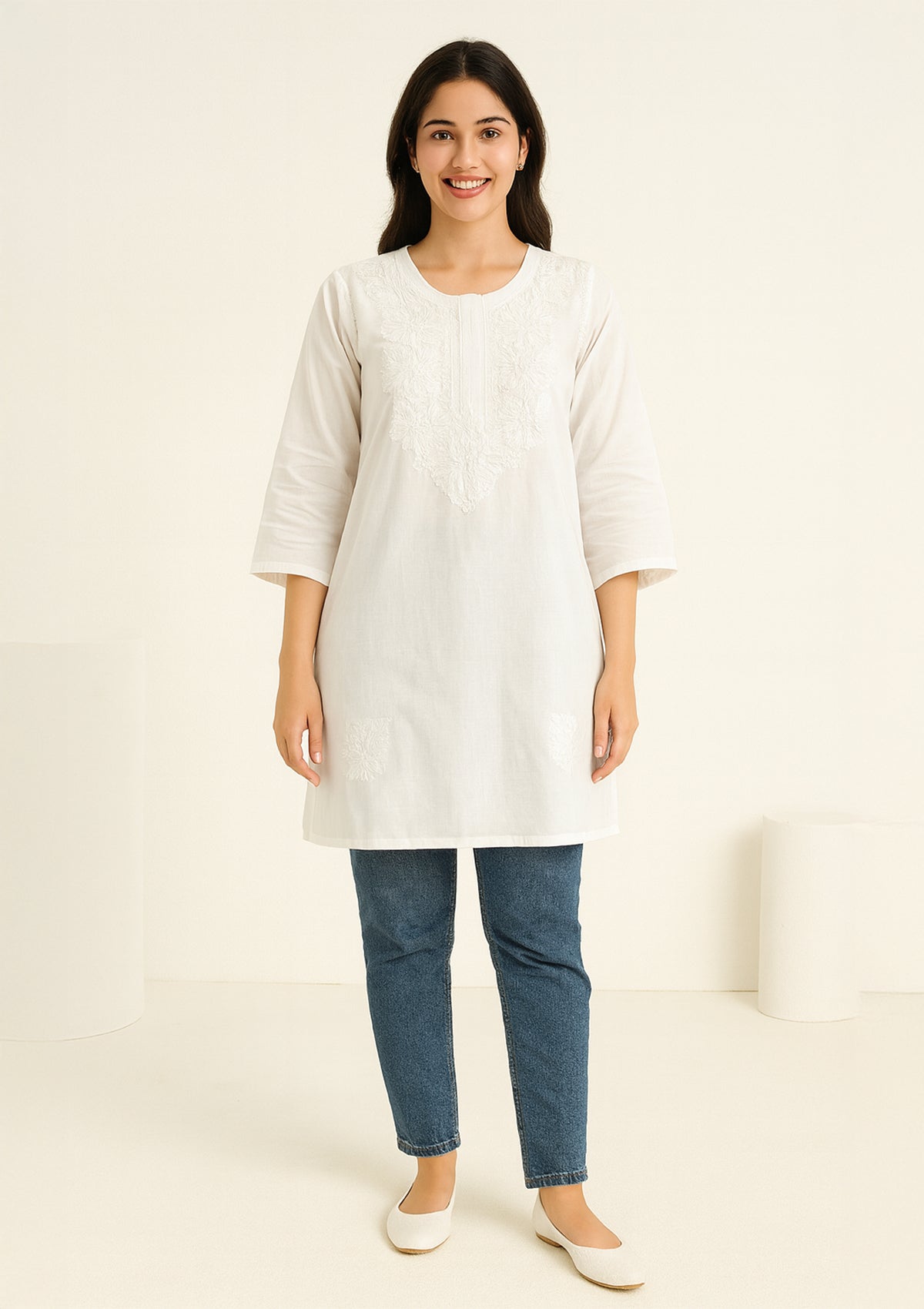 Elegant Cotton Short Kurti with Intricate Embroidery – Classic White