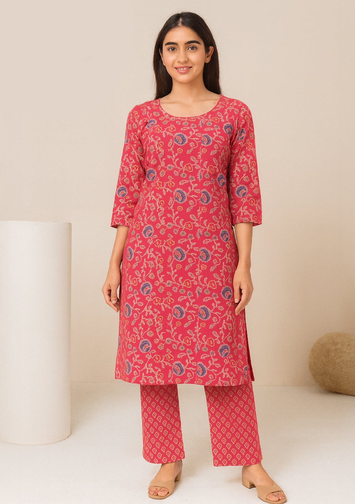 Pink Floral Printed Stitched Kurti Set with Matching Pants