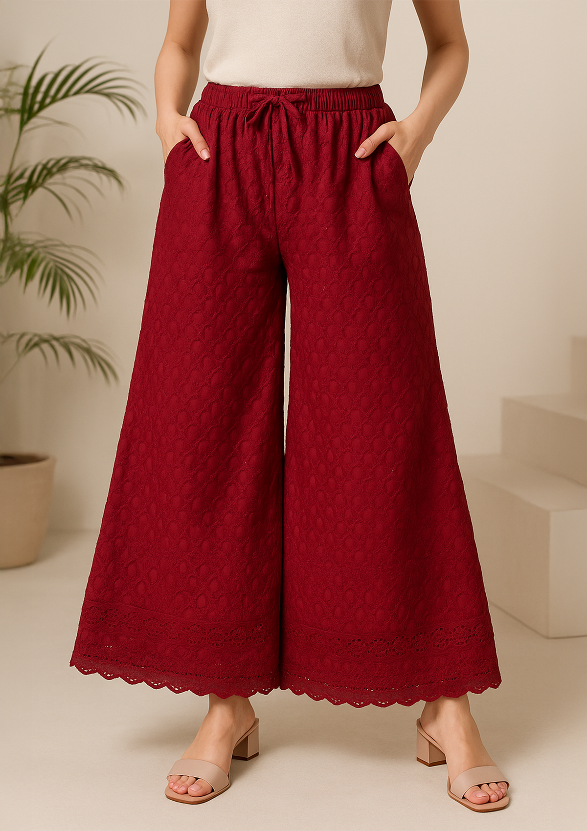 Maroon Rayon Palazzo – Chikankari Embroidery Wide Leg Pants
