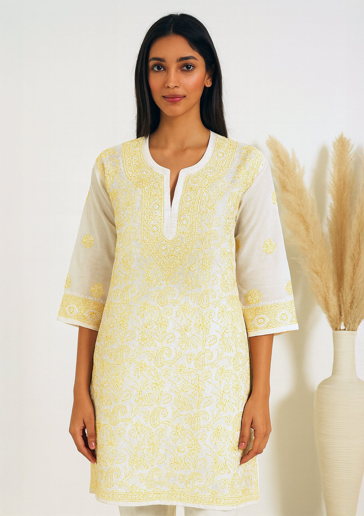 ClothingSutra Chikankari Embroidered White Cotton Kurti – Sunshine Yellow Detailing 46