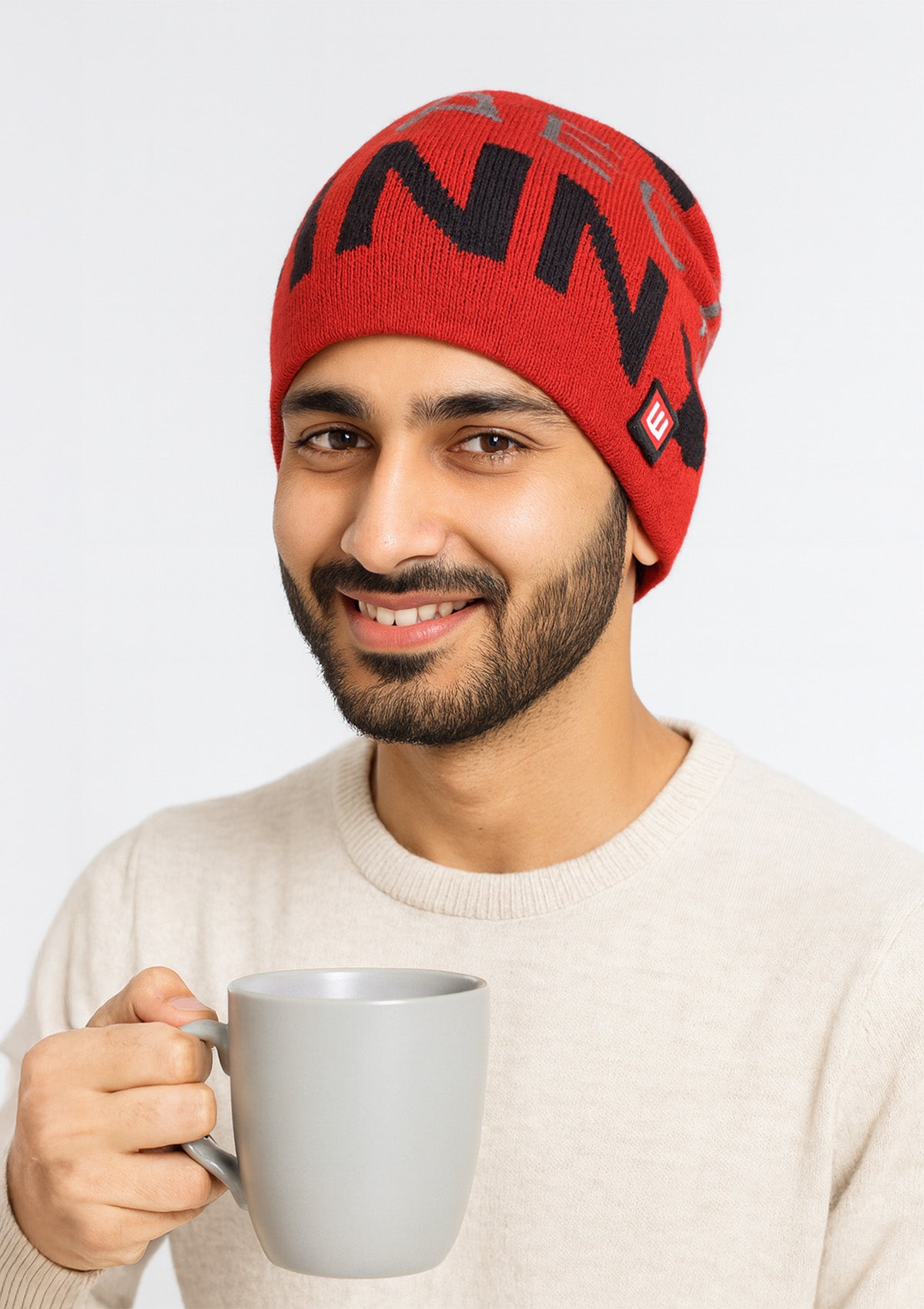 Mens Red Graphic Woolen Beanie Cap – Stylish Winter Warmt
