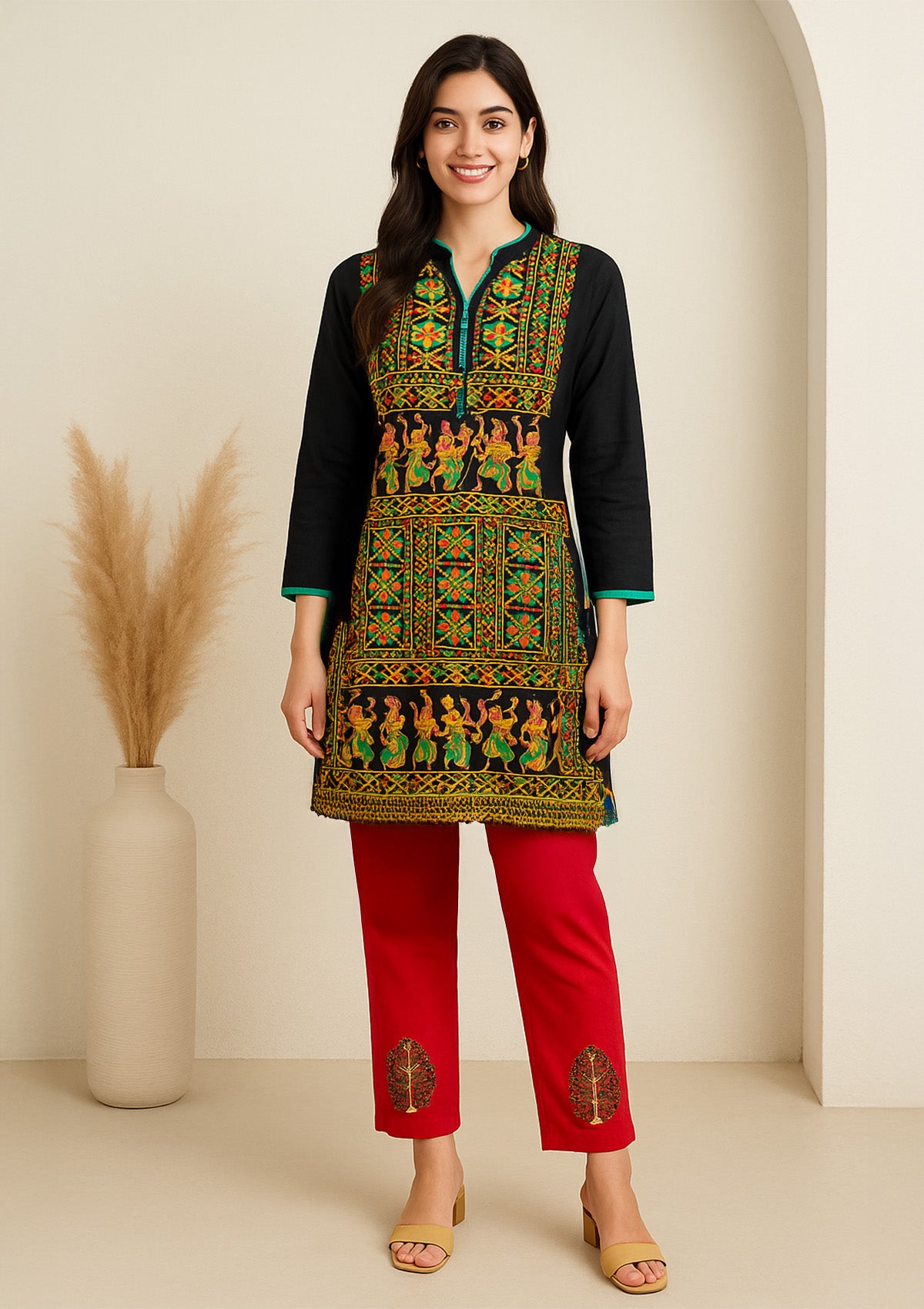 Black Cotton Kurti with Multicolor Traditional Embroidery - Folk Dance Motif