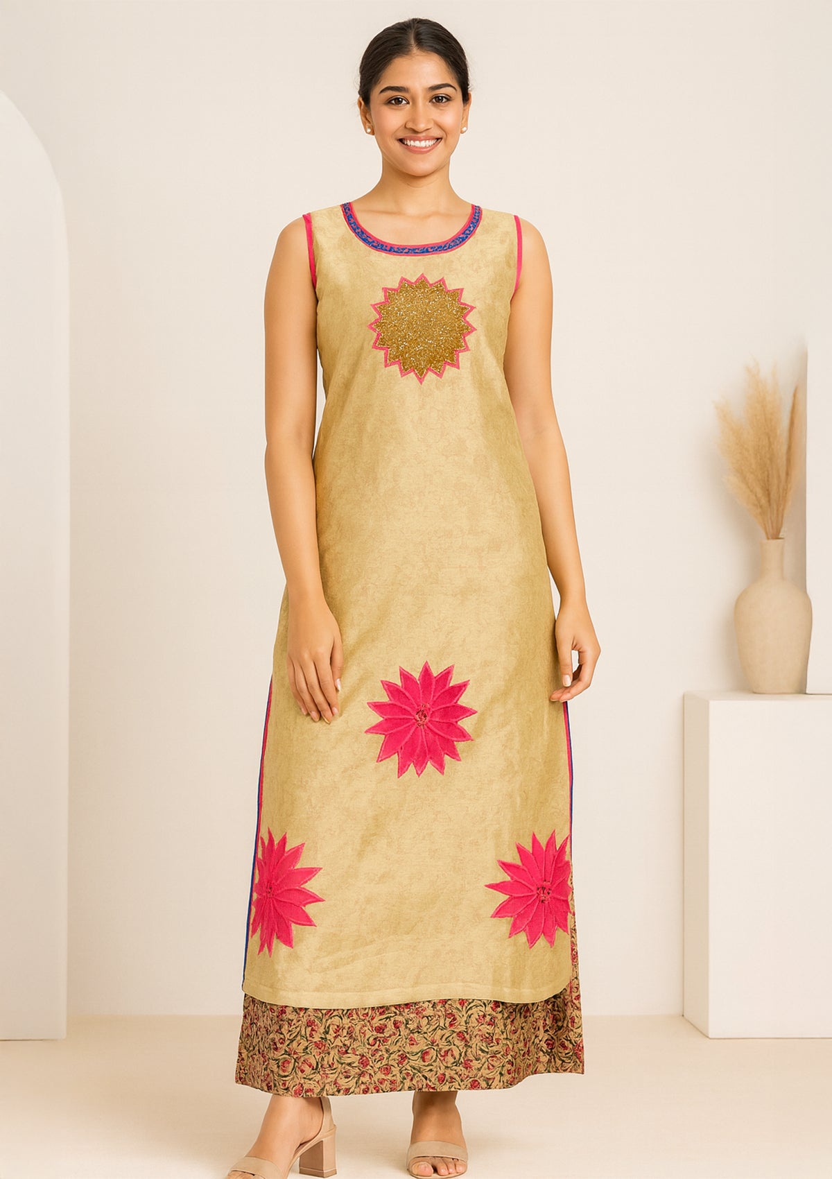 Golden Chanderi Silk Gown with Pink Floral Appliqué – Festive Wear