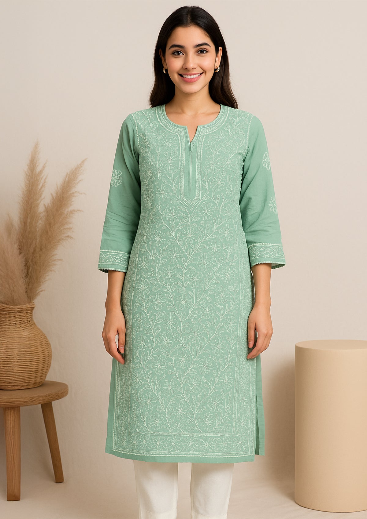 ClothingSutra Chikankari Embroidered Cotton Kurti – Pastel Green 38