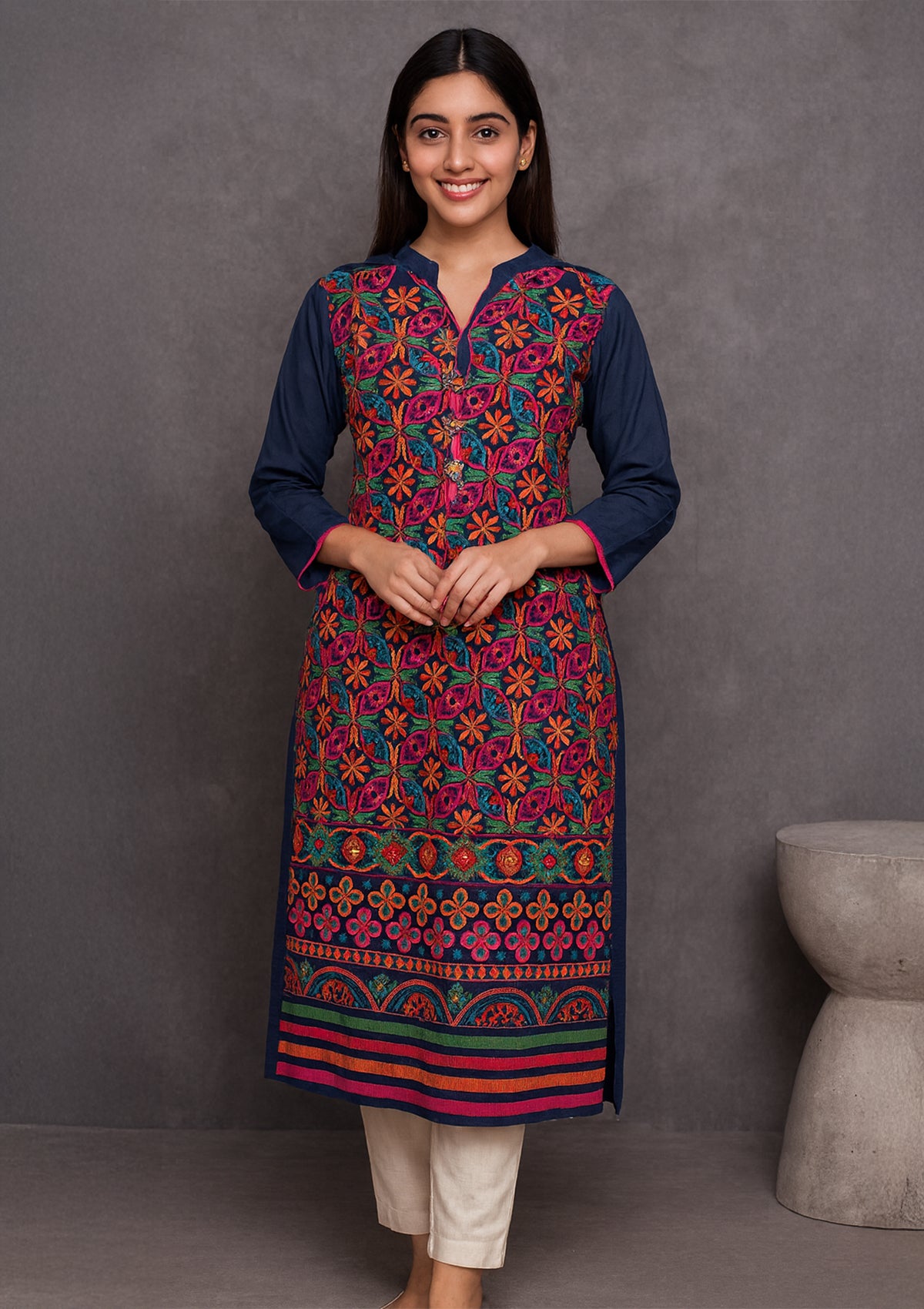Multicolor Embroidered Women’s Long Kurta – Navy Base
